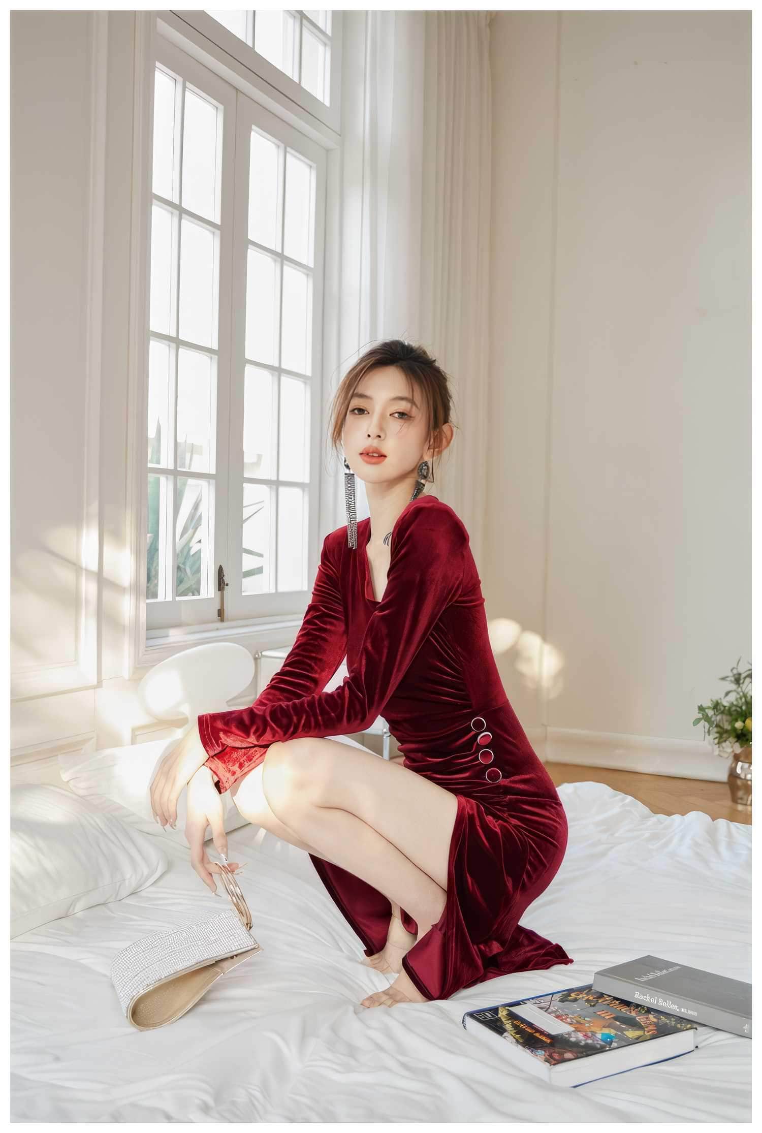 Asymmetrical Neck Ruched High Split Velvet Dress