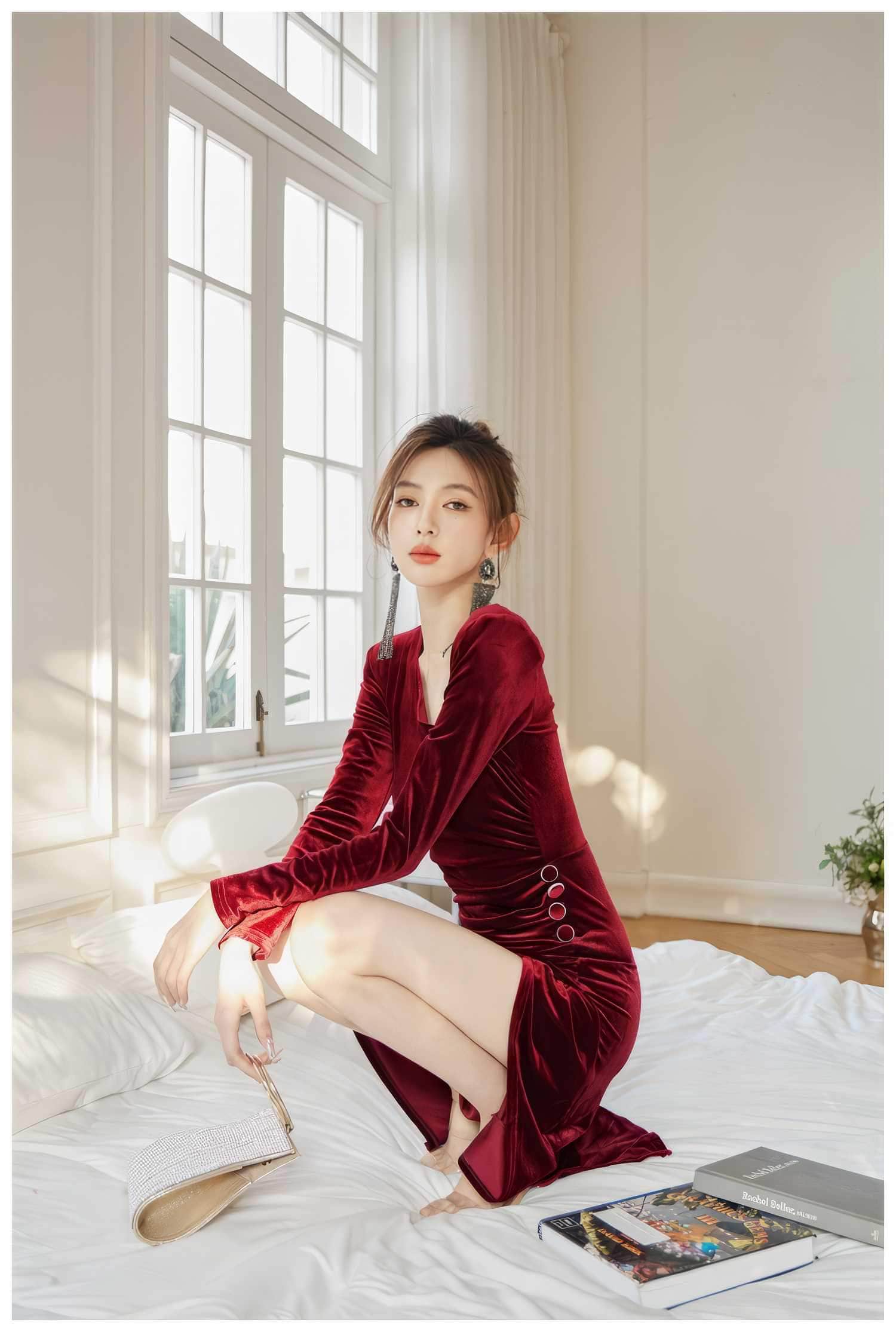 Asymmetrical Neck Ruched High Split Velvet Dress