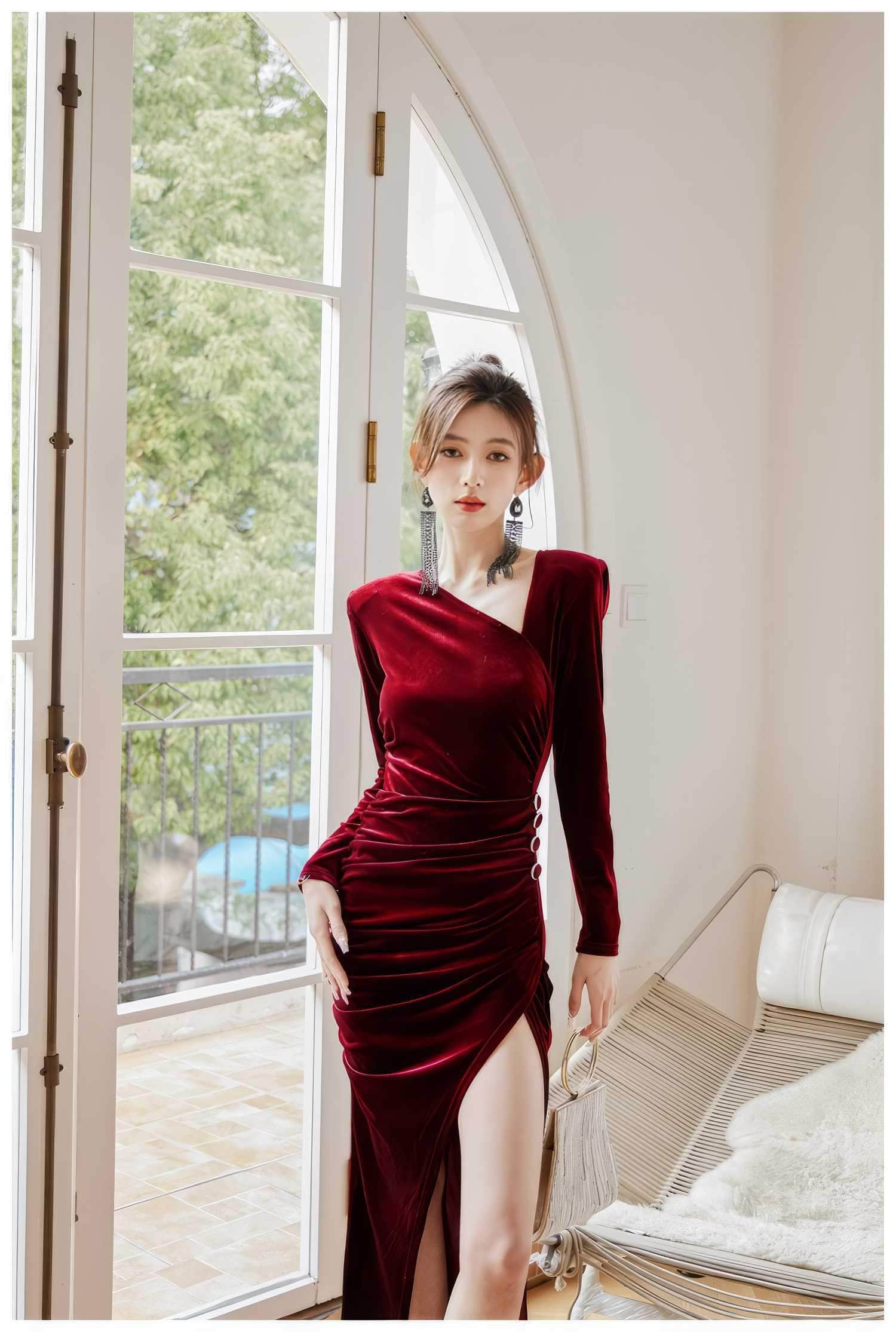 Asymmetrical Neck Ruched High Split Velvet Dress