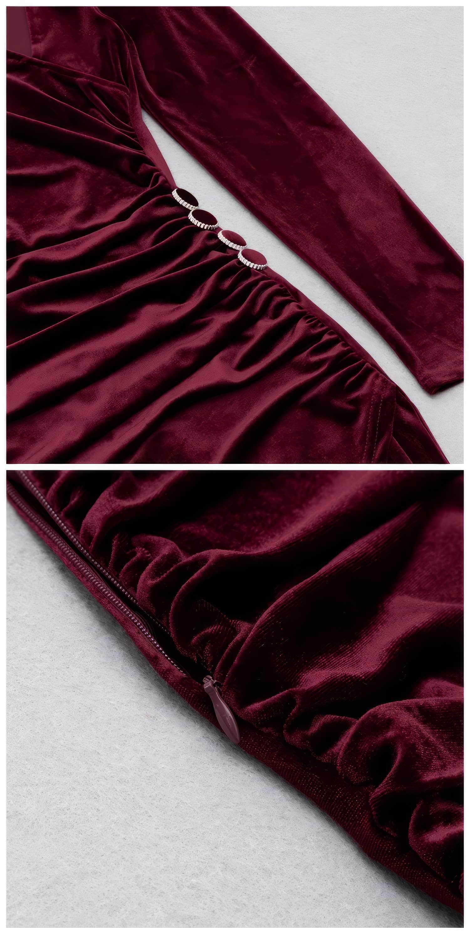 Asymmetrical Neck Ruched High Split Velvet Dress