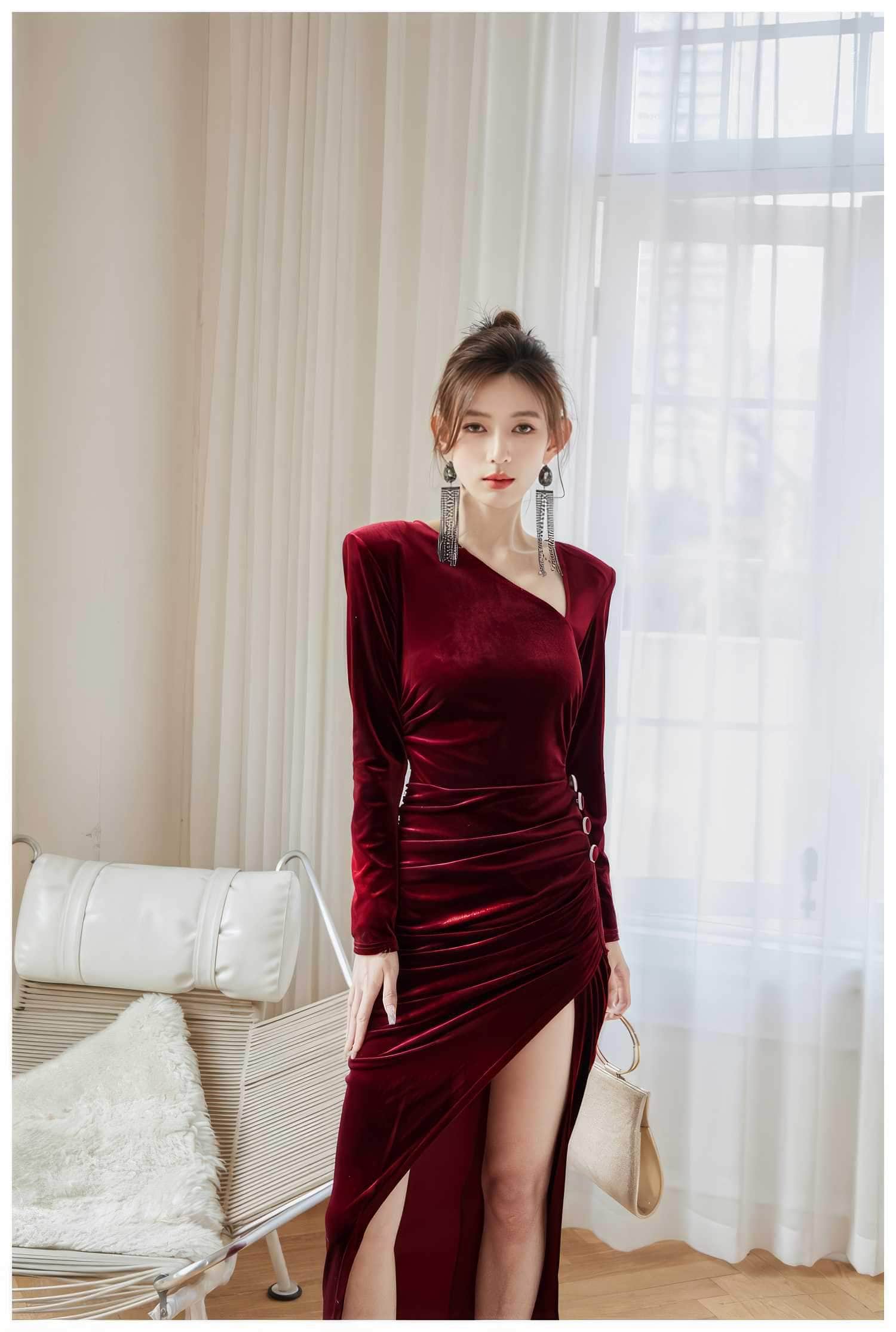 Asymmetrical Neck Ruched High Split Velvet Dress