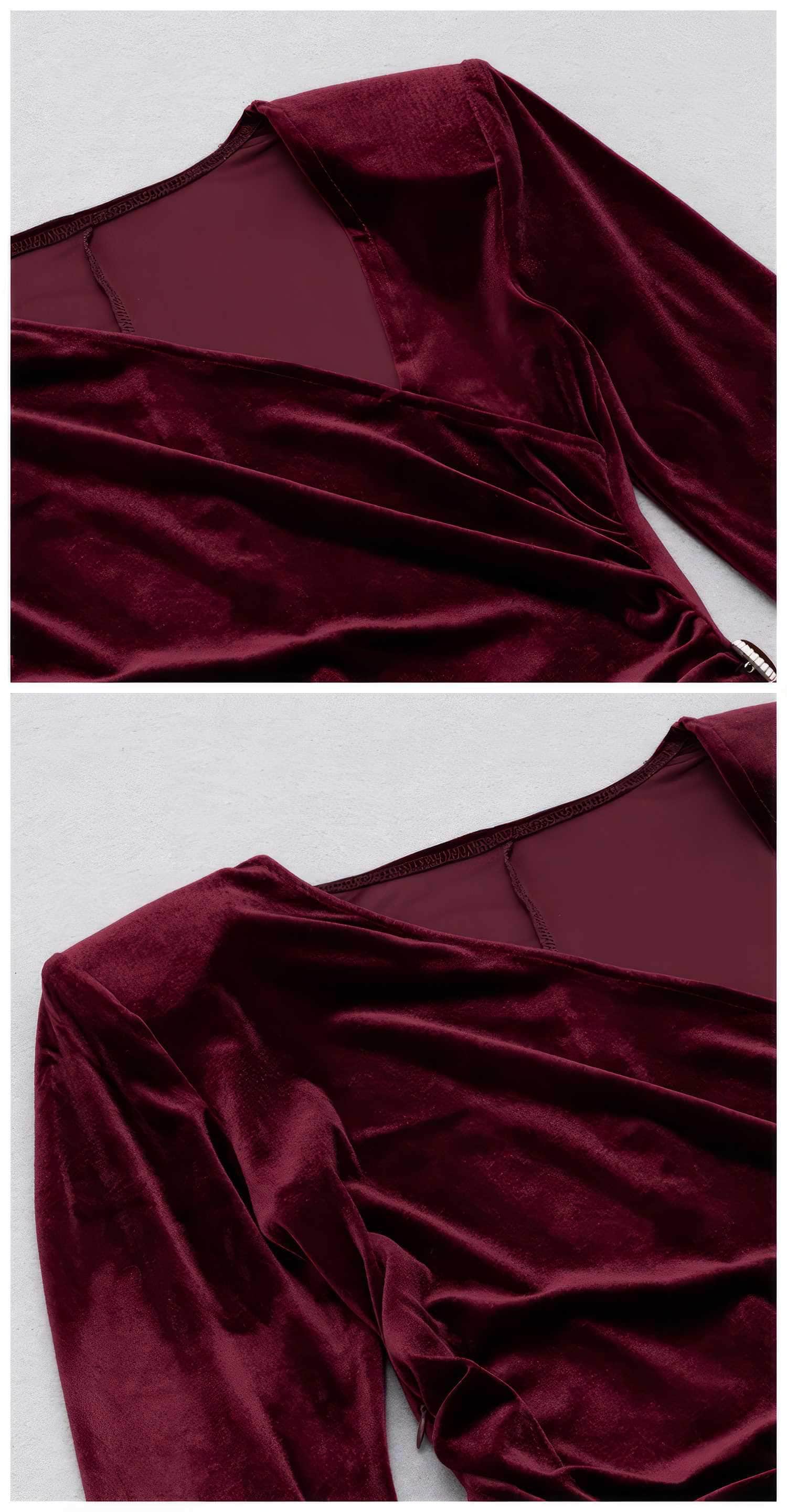 Asymmetrical Neck Ruched High Split Velvet Dress