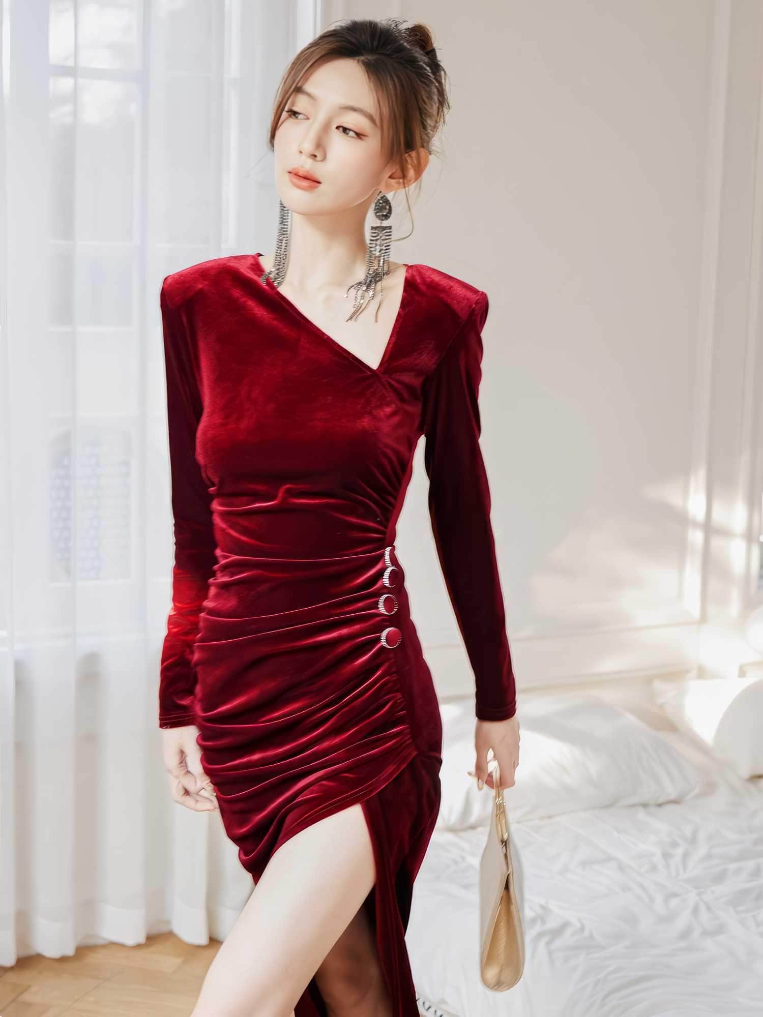 Asymmetrical Neck Ruched High Split Velvet Dress