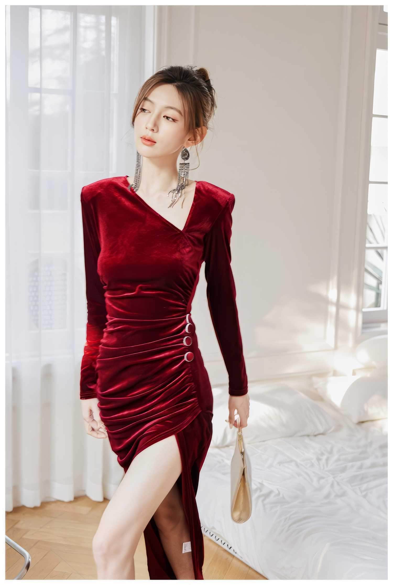 Asymmetrical Neck Ruched High Split Velvet Dress