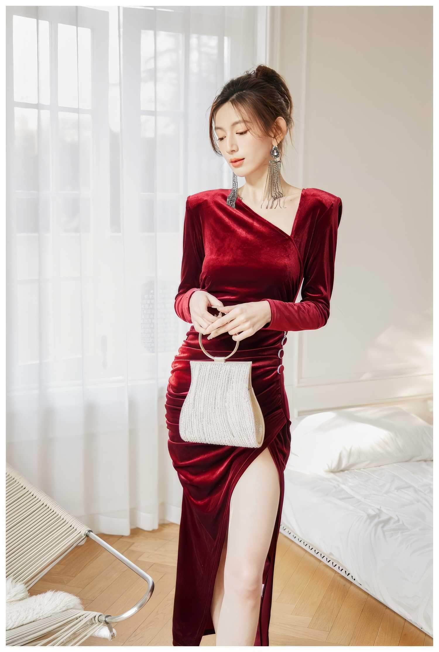 Asymmetrical Neck Ruched High Split Velvet Dress