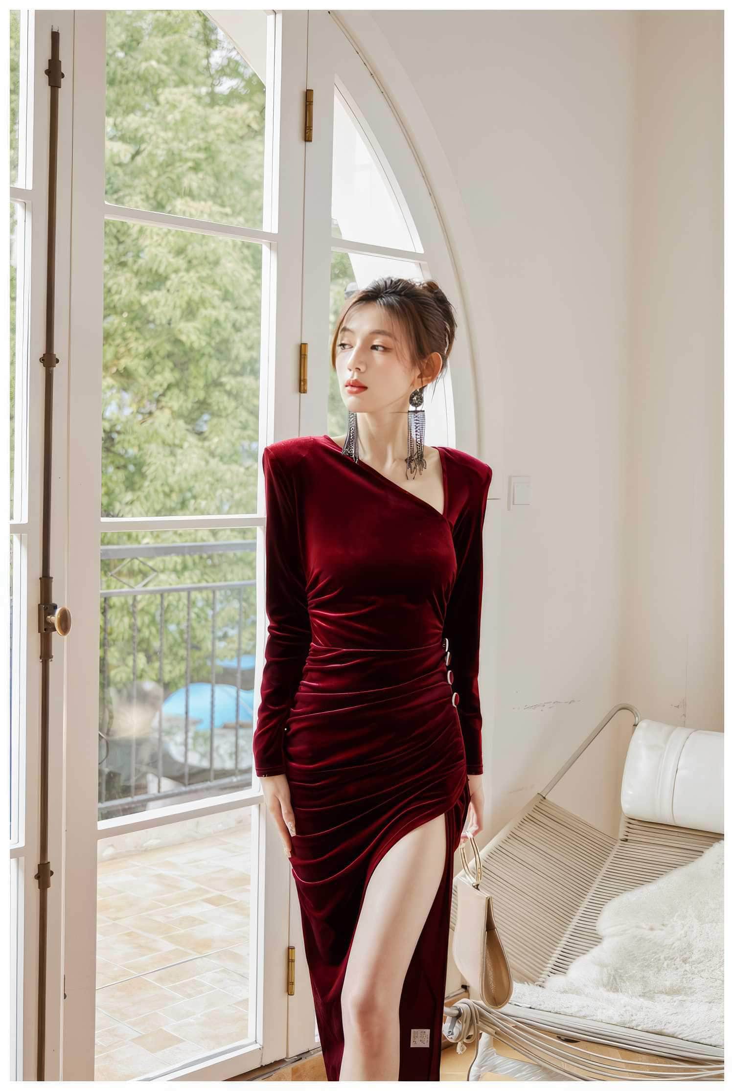 Asymmetrical Neck Ruched High Split Velvet Dress