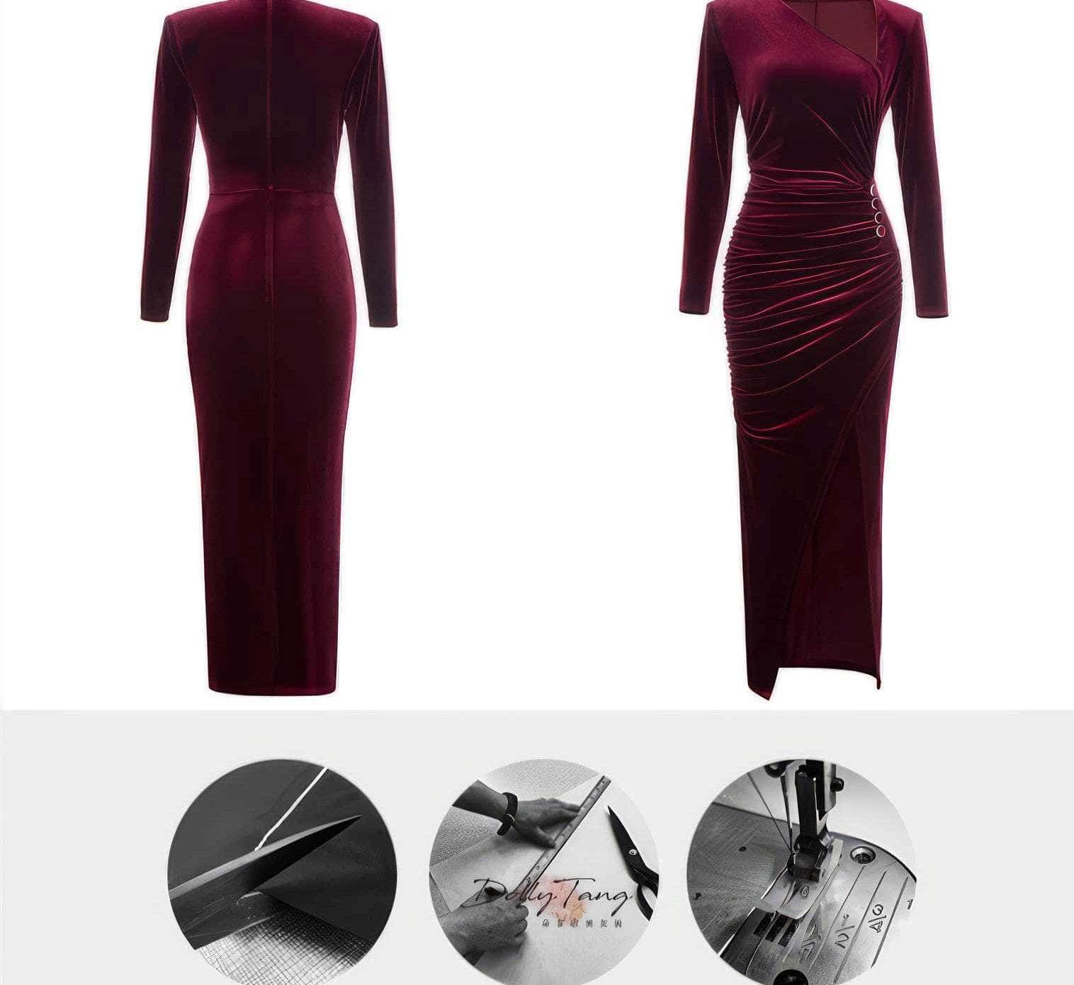 Asymmetrical Neck Ruched High Split Velvet Dress