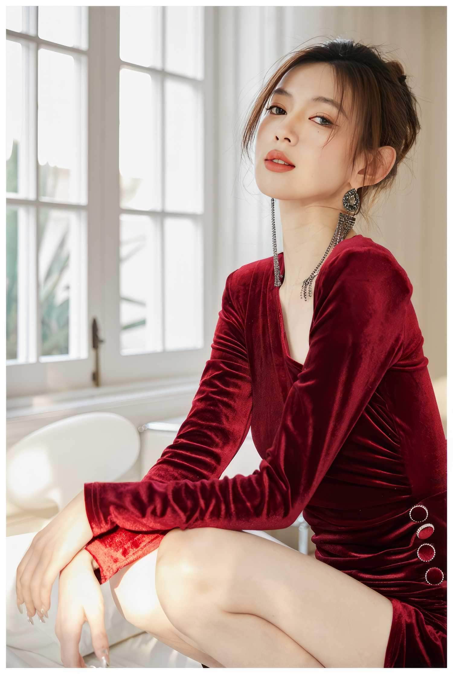 Asymmetrical Neck Ruched High Split Velvet Dress