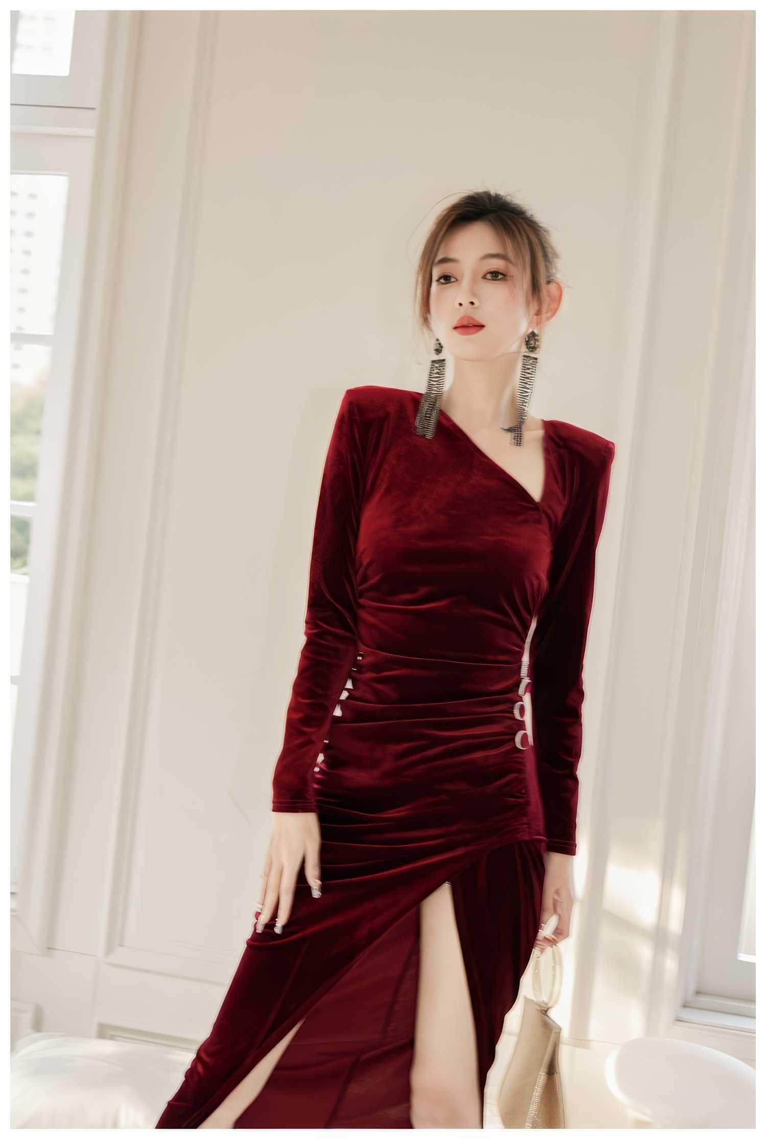 Asymmetrical Neck Ruched High Split Velvet Dress