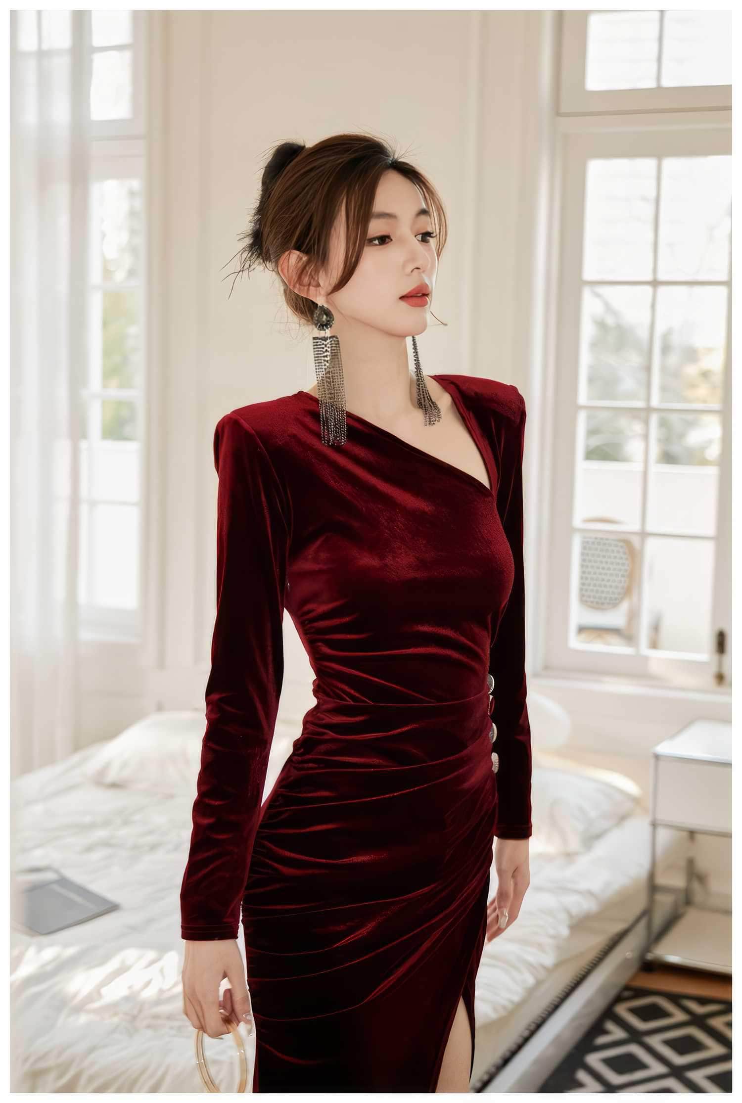 Asymmetrical Neck Ruched High Split Velvet Dress