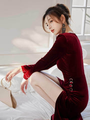 Asymmetrical Neck Ruched High Split Velvet Dress
