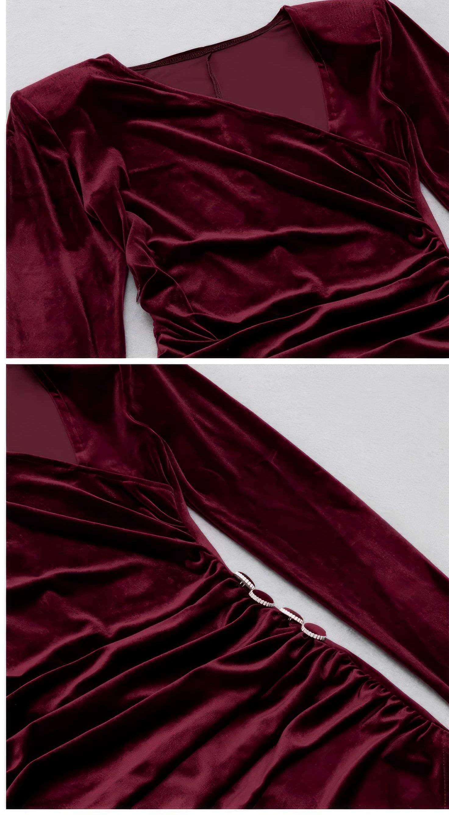 Asymmetrical Neck Ruched High Split Velvet Dress