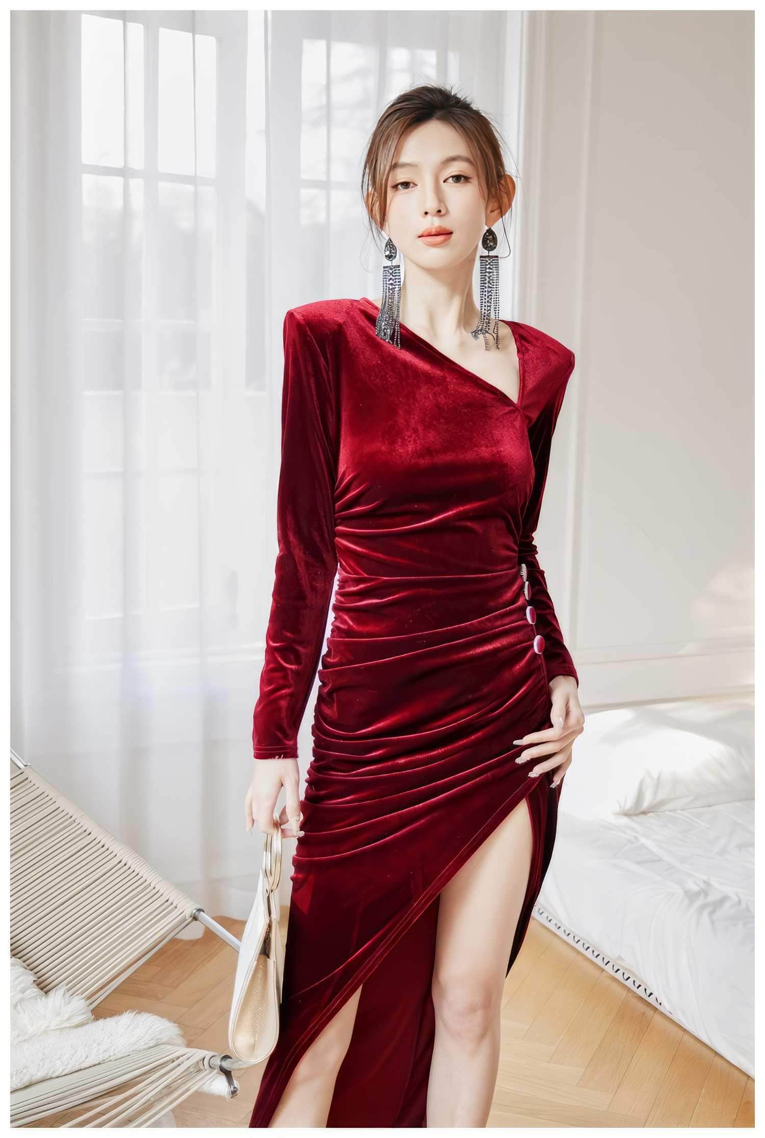 Asymmetrical Neck Ruched High Split Velvet Dress XS / DarkRed