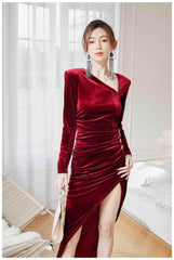 Asymmetrical Neck Ruched High Split Velvet Dress XS / DarkRed