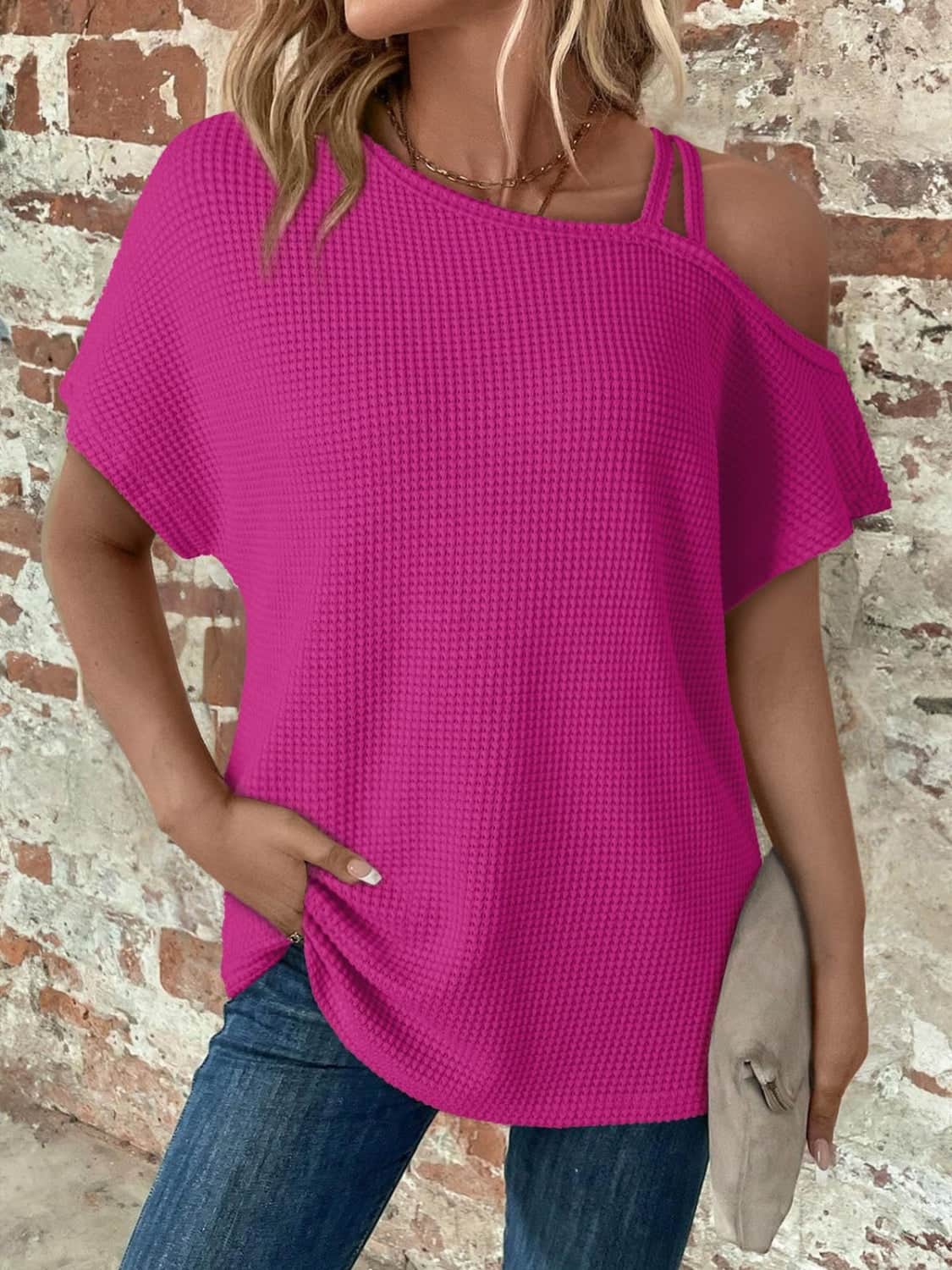 Asymmetrical Neck Short Sleeve T-Shirt Hot Pink / S