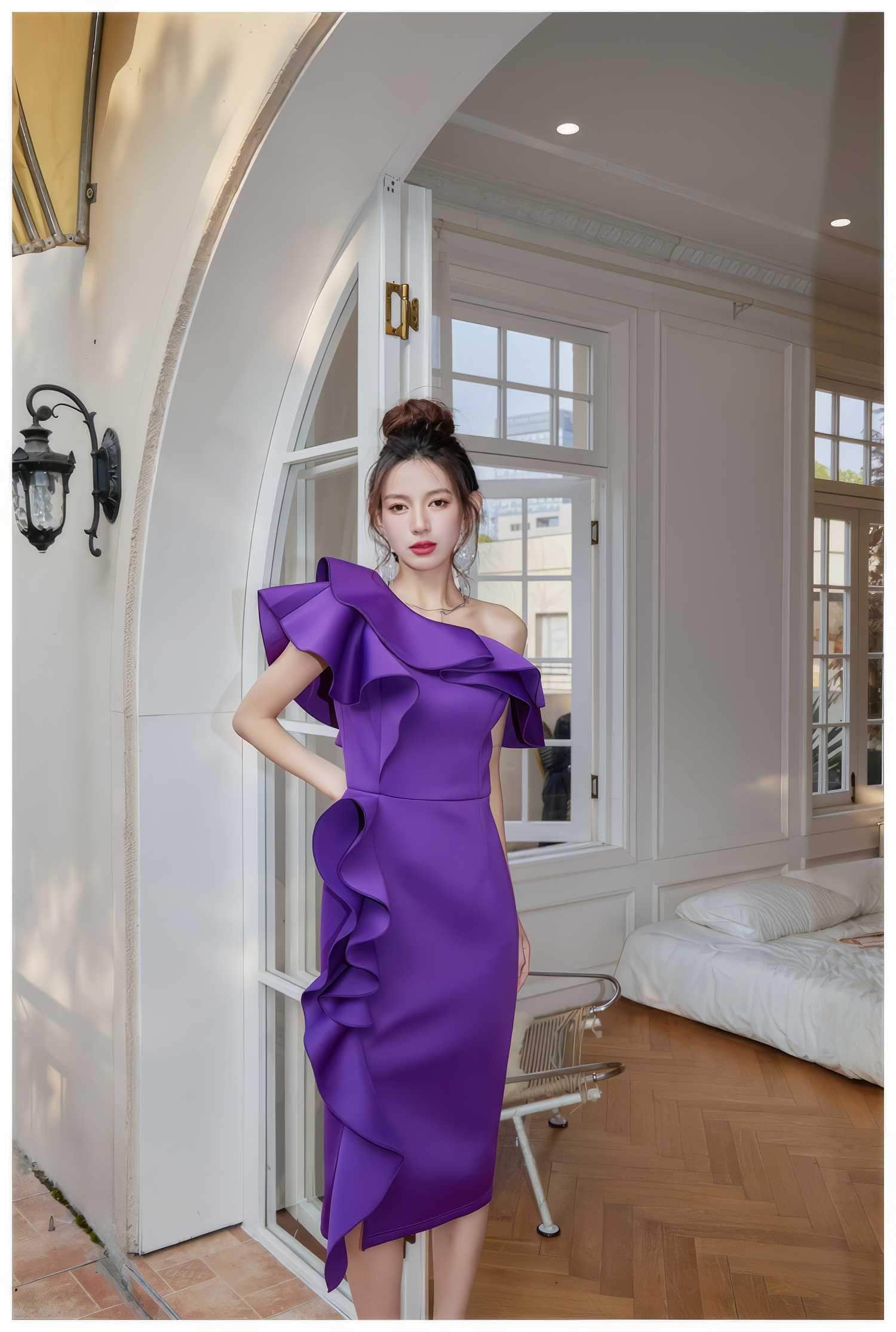 Asymmetrical Ruffle Scuba Accent Dress