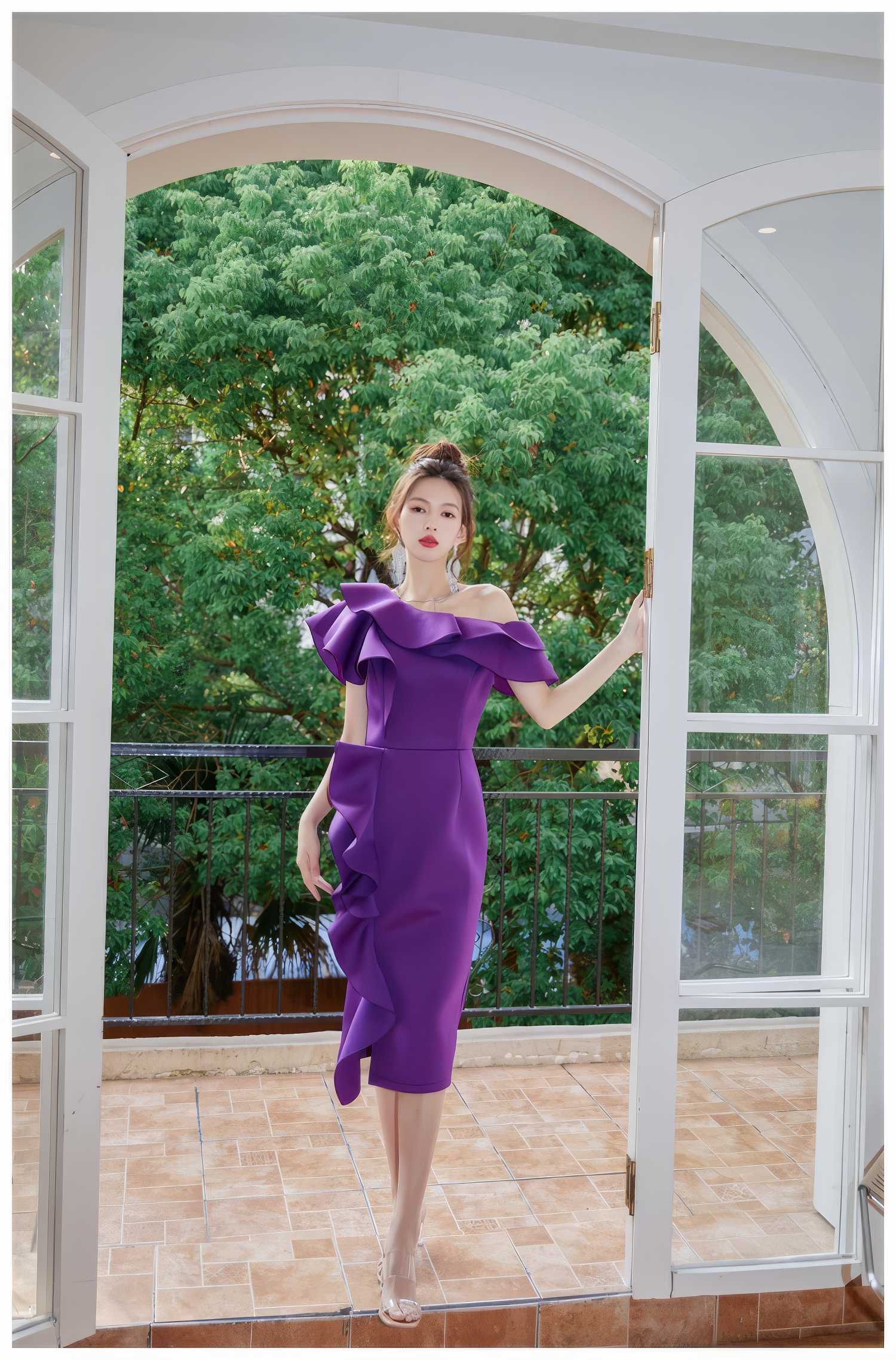 Asymmetrical Ruffle Scuba Accent Dress