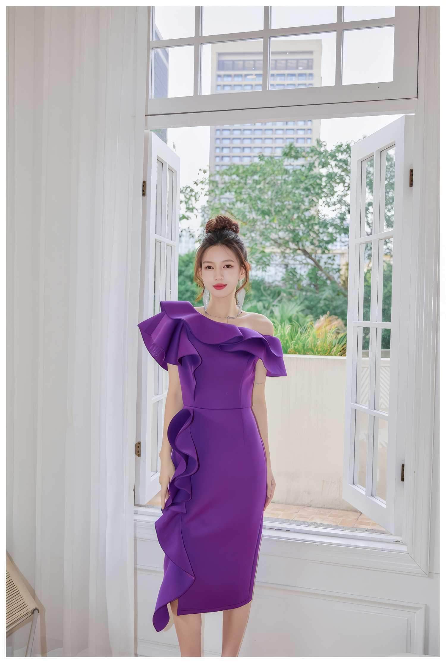 Asymmetrical Ruffle Scuba Accent Dress