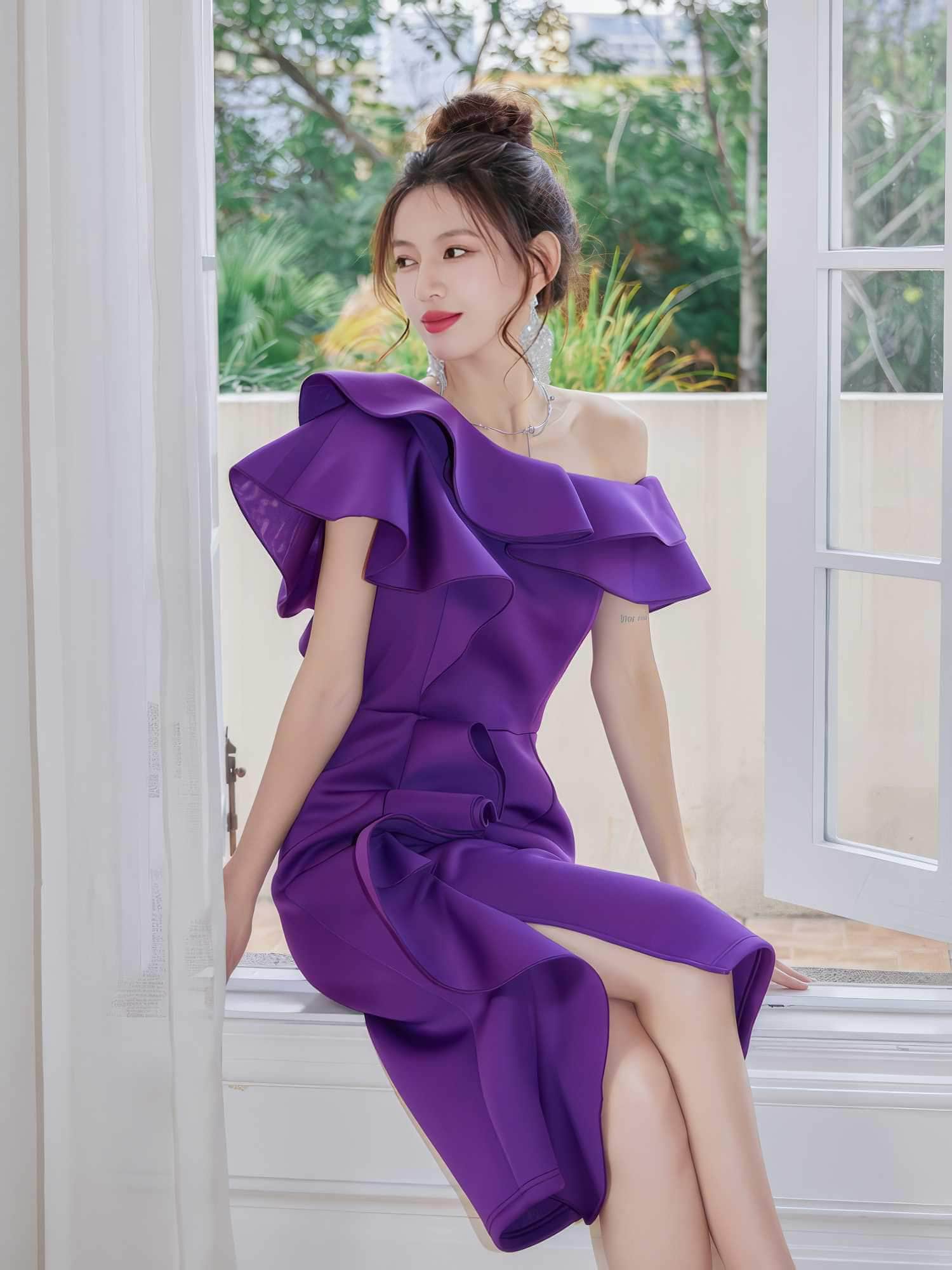 Asymmetrical Ruffle Scuba Accent Dress
