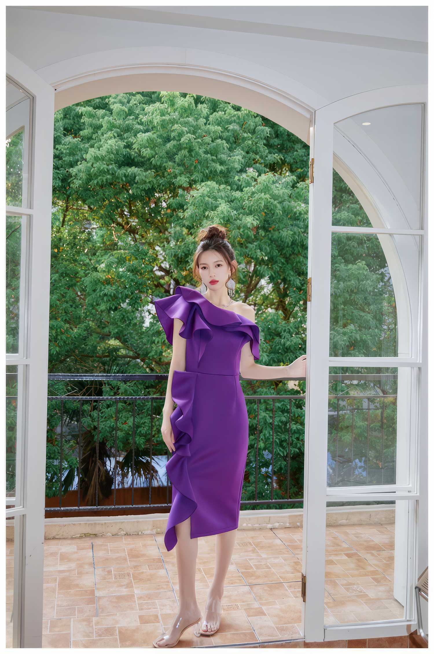 Asymmetrical Ruffle Scuba Accent Dress