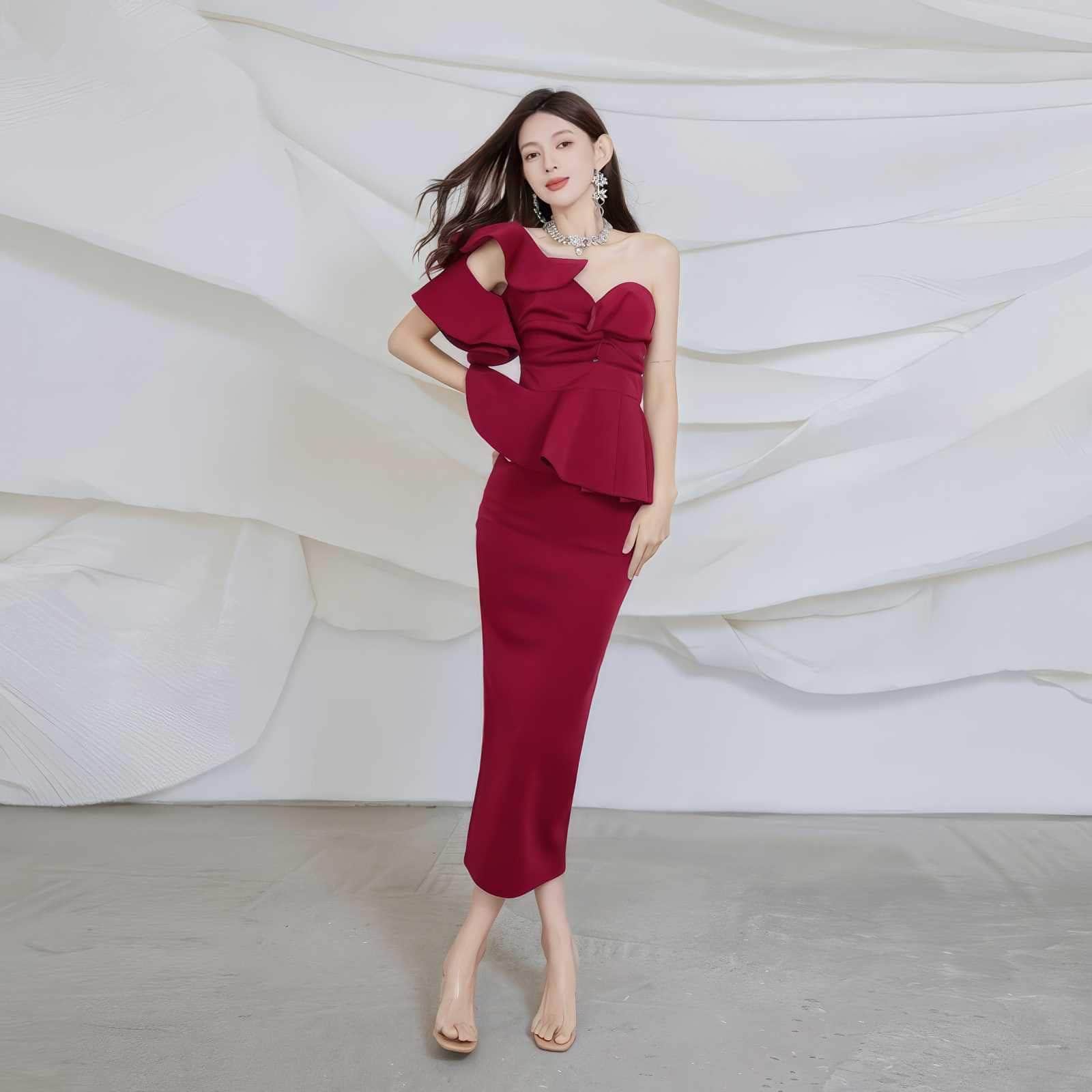 Asymmetrical Ruffle Split Bodycon Two-Piece Set S / DarkRed
