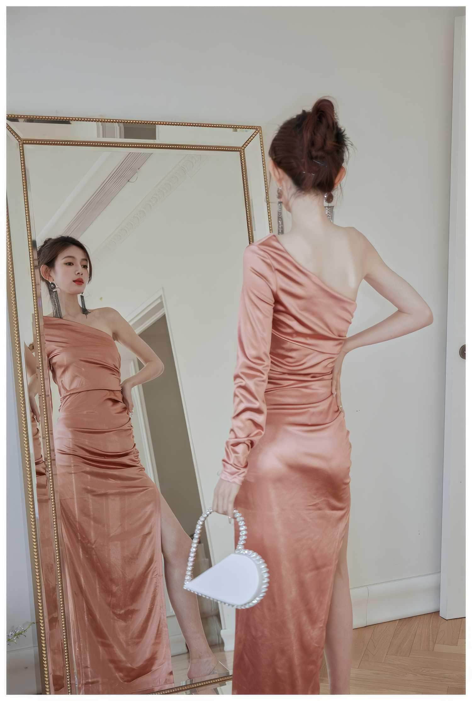 Asymmetrical Sheen Draped Silk Dress