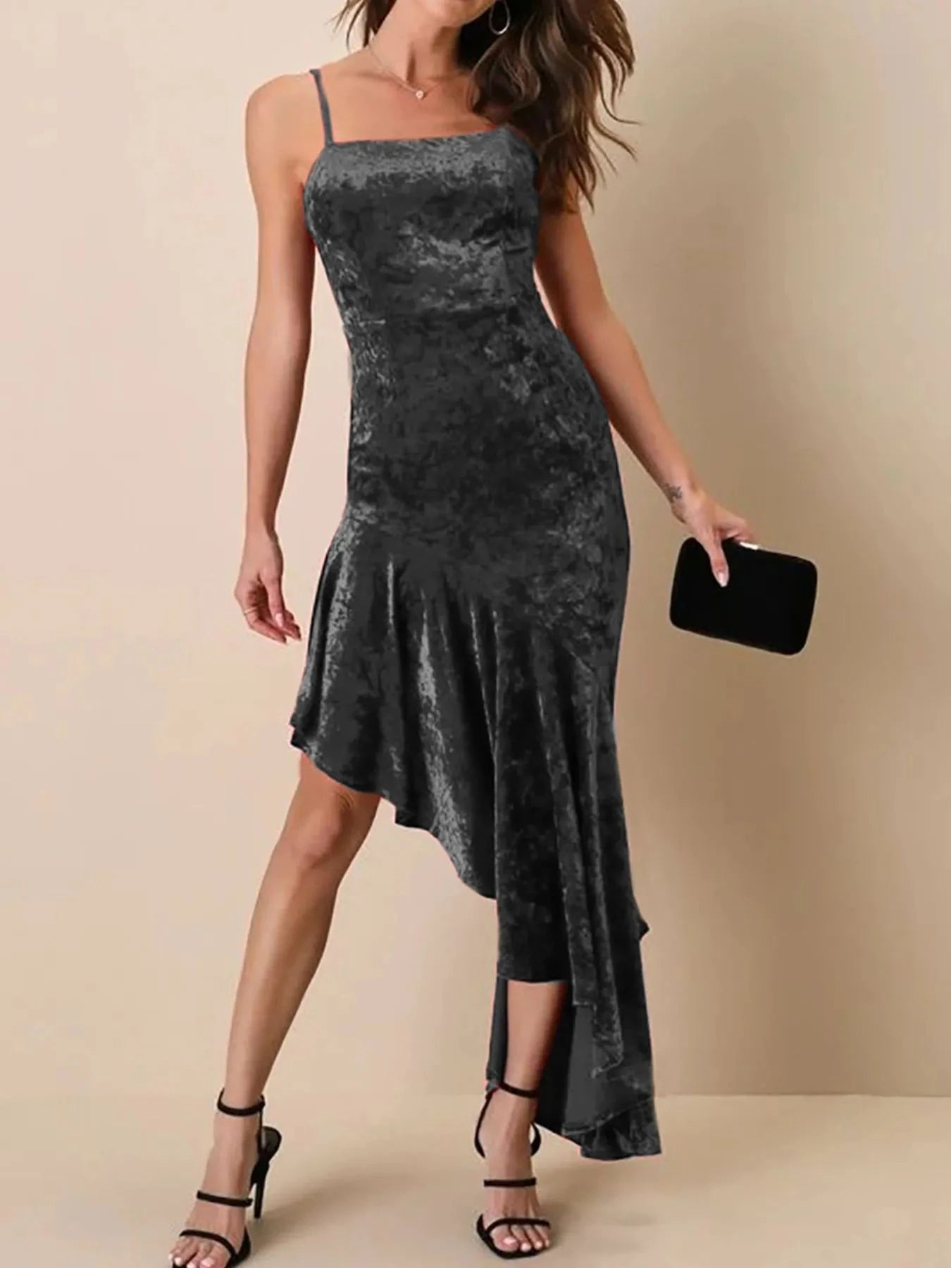 Asymmetrical Velvet Cami Dress with Ruffle Hem
