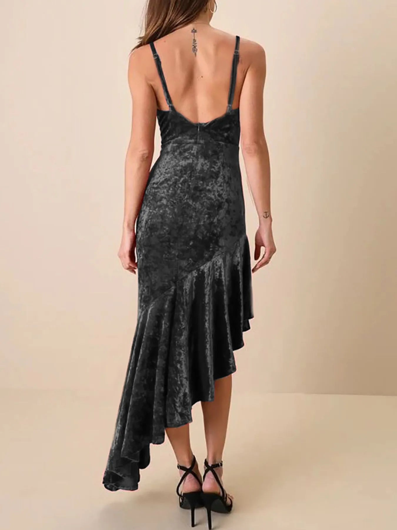 Asymmetrical Velvet Cami Dress with Ruffle Hem