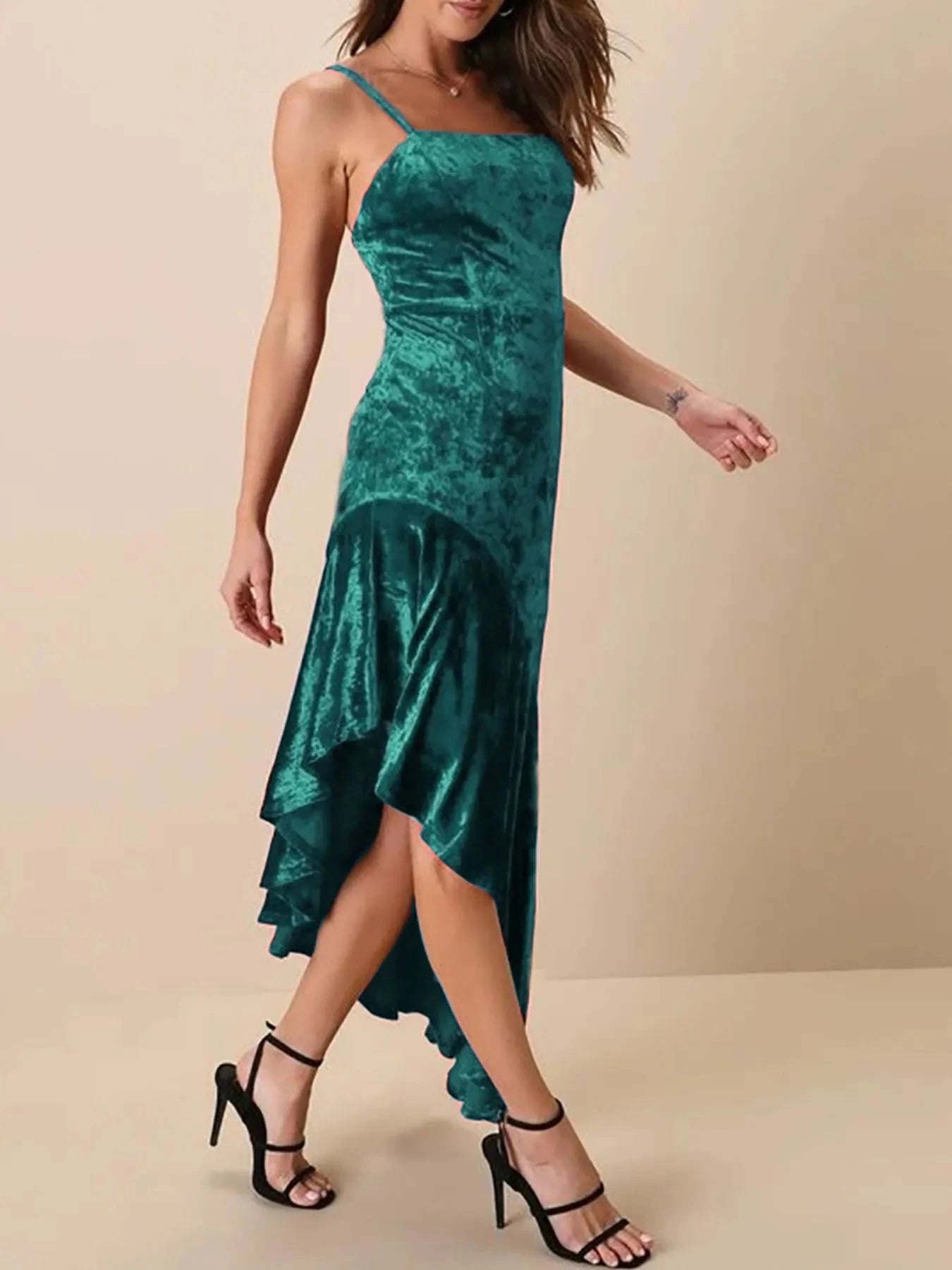 Asymmetrical Velvet Cami Dress with Ruffle Hem