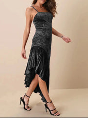 Asymmetrical Velvet Cami Dress with Ruffle Hem
