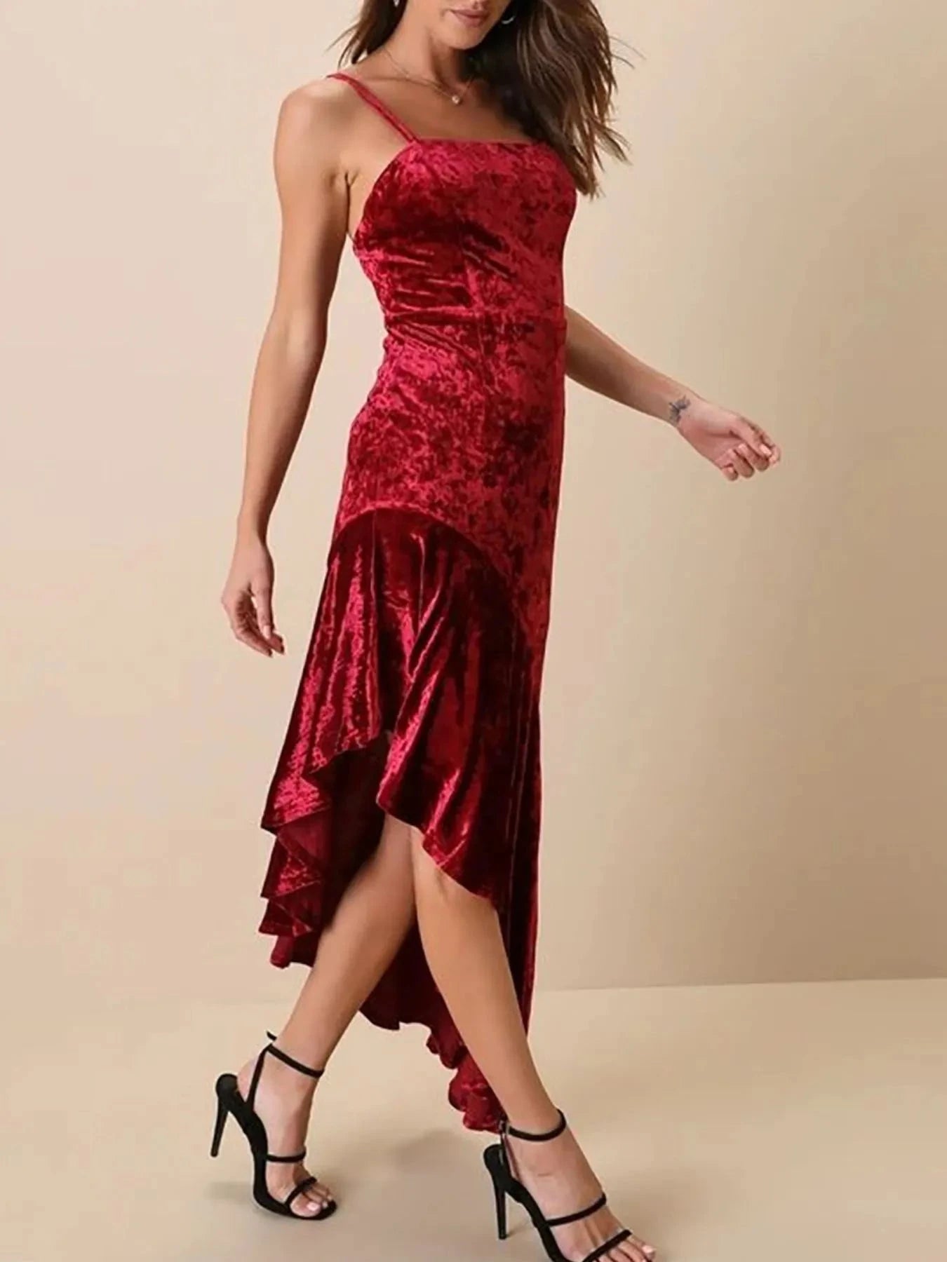 Asymmetrical Velvet Cami Dress with Ruffle Hem