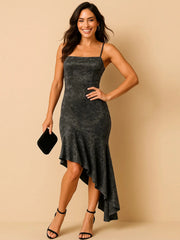 Asymmetrical Velvet Cami Dress with Ruffle Hem Black / S