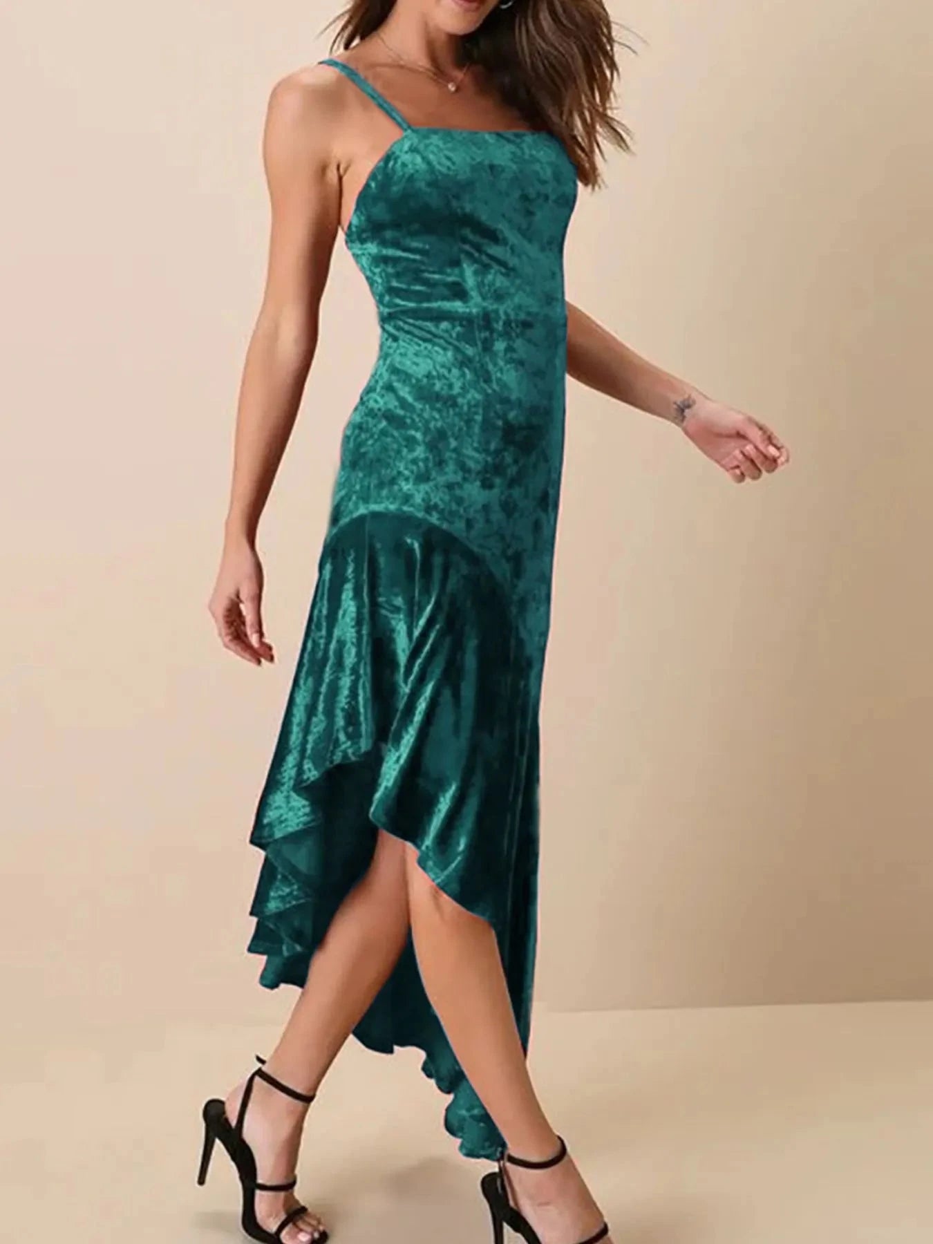 Asymmetrical Velvet Cami Dress with Ruffle Hem Peacock Green / S