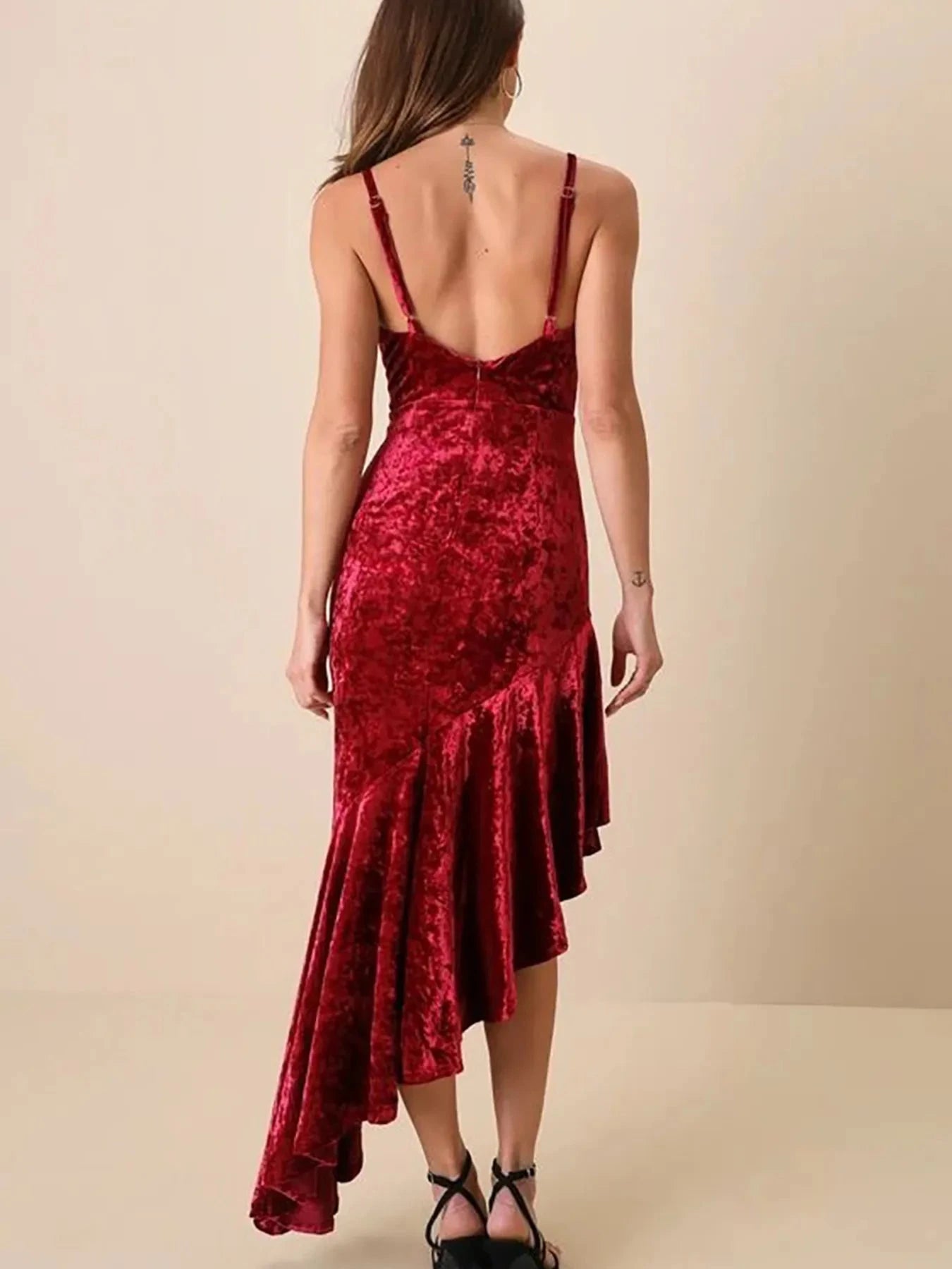 Asymmetrical Velvet Cami Dress with Ruffle Hem Wine Red / S