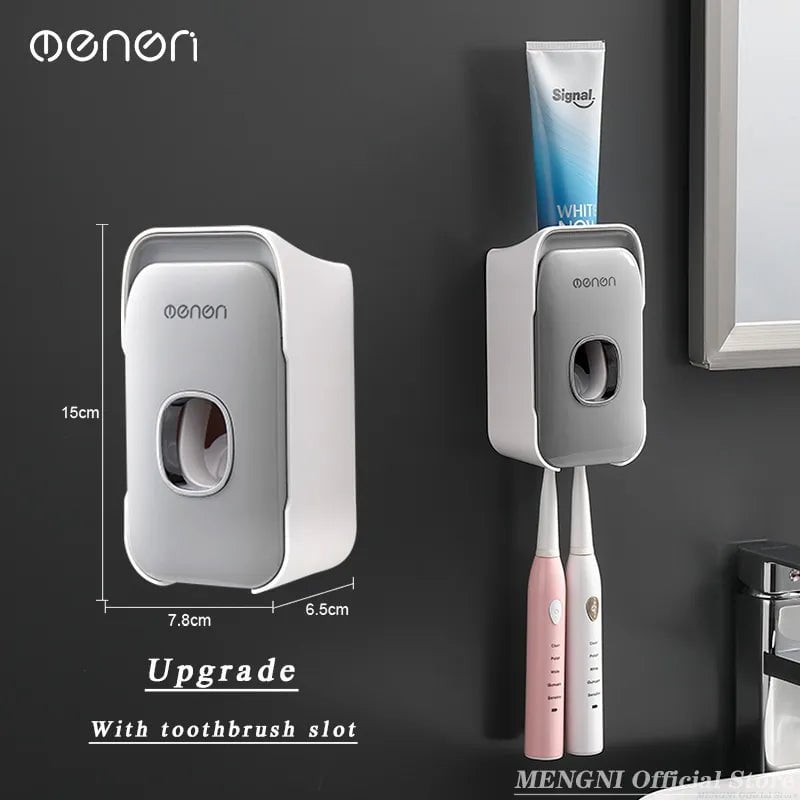 Automatic Toothpaste Dispenser with Wall-Mounted Toothbrush Holder Set Gray