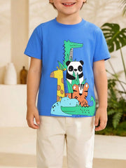 Children's blue crew-neck T-shirt featuring an animal print design.