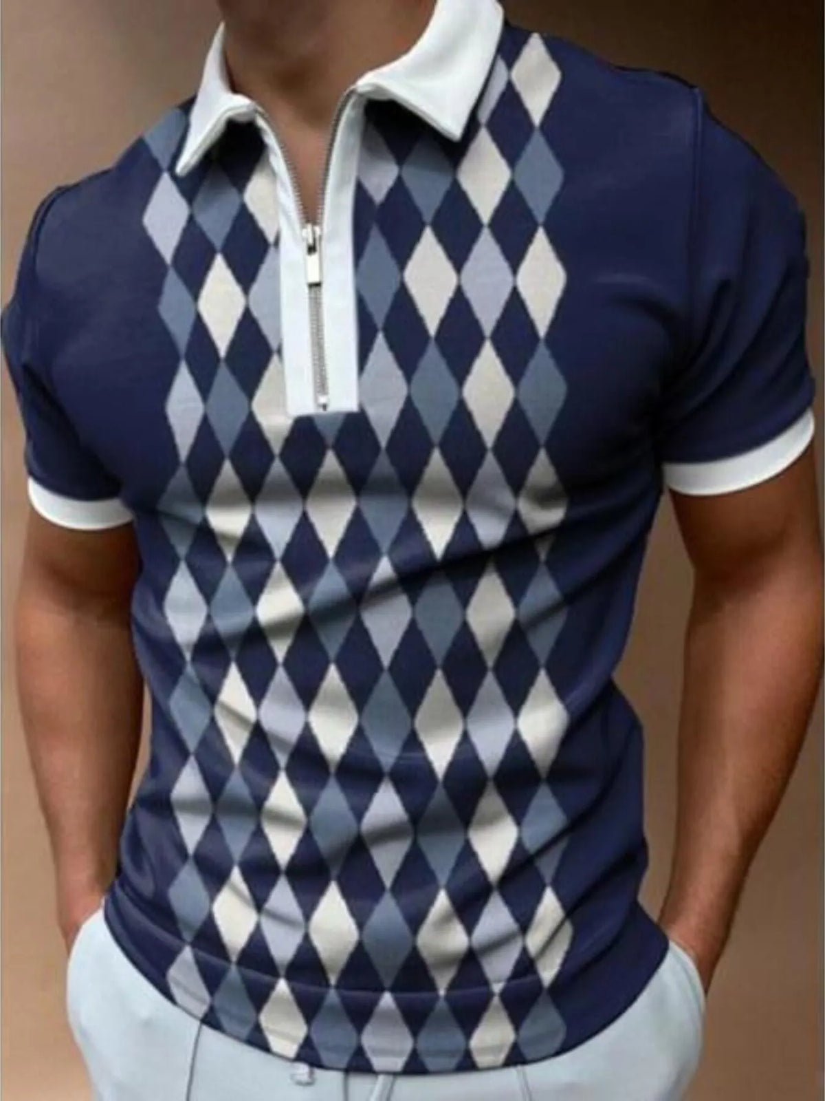 Men's argyle polo made from a slightly stretchy cotton-polyester blend.