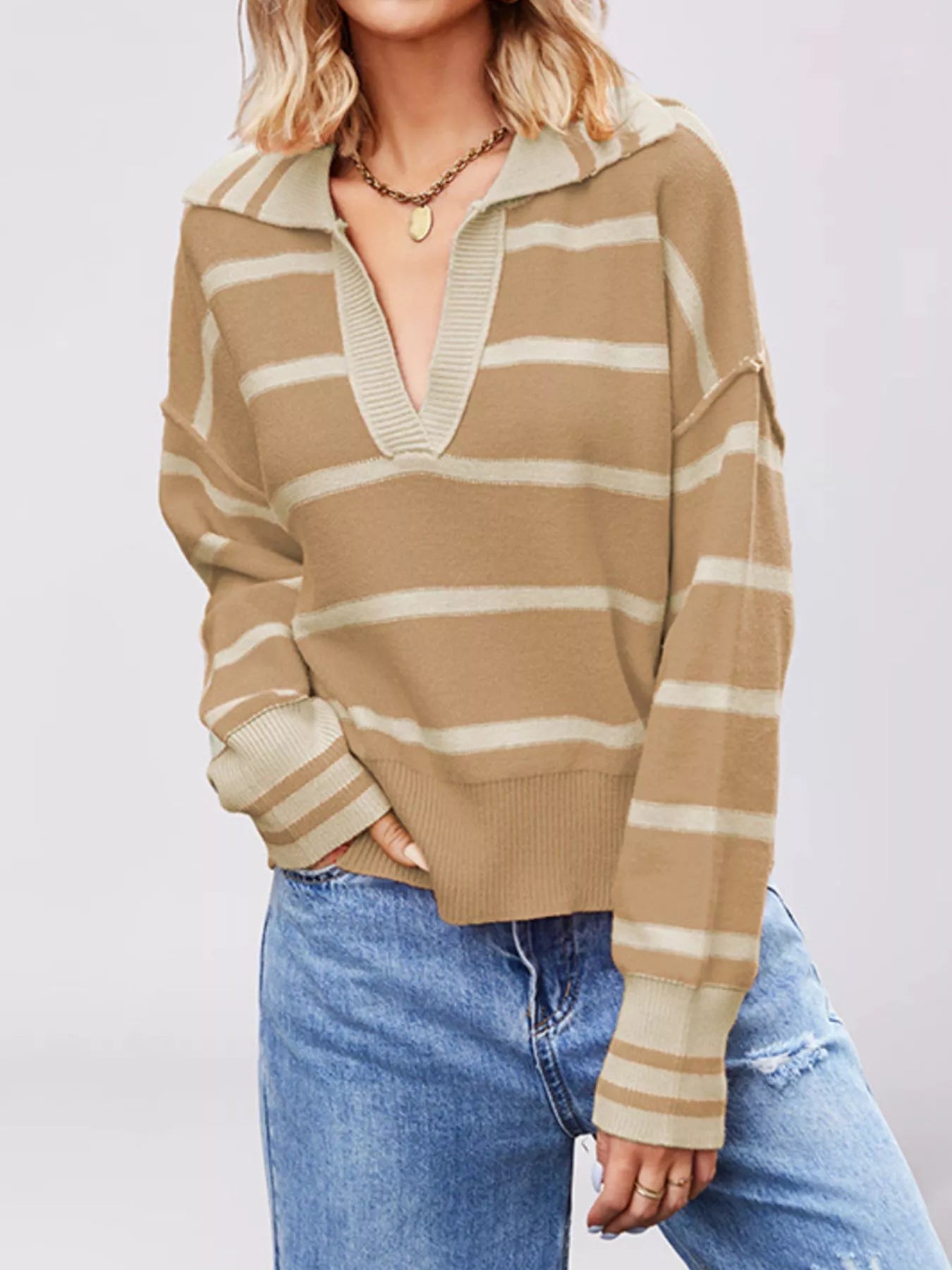 On-model front view of khaki striped Johnny collar sweater in a relaxed standing pose
