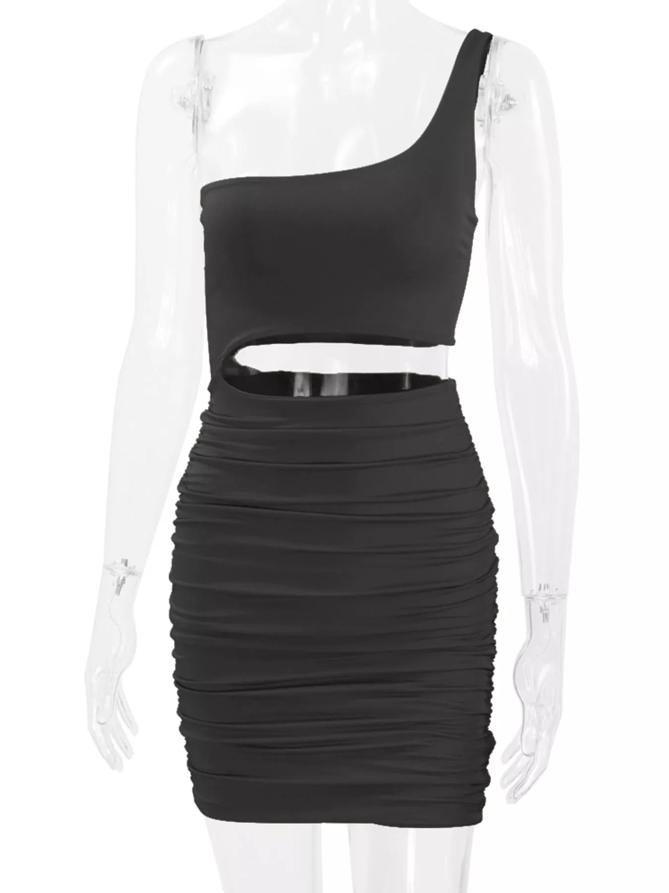 Black one shoulder cutout ruched bodycon mini dress on a clear mannequin front view