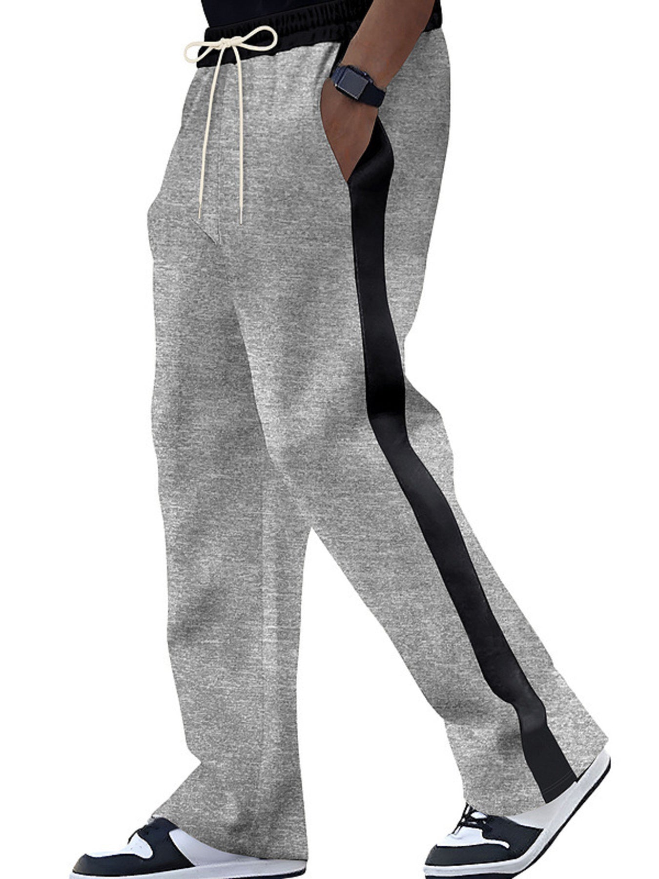 Men's contrast stripe sweatpants with a drawstring waist and pockets.