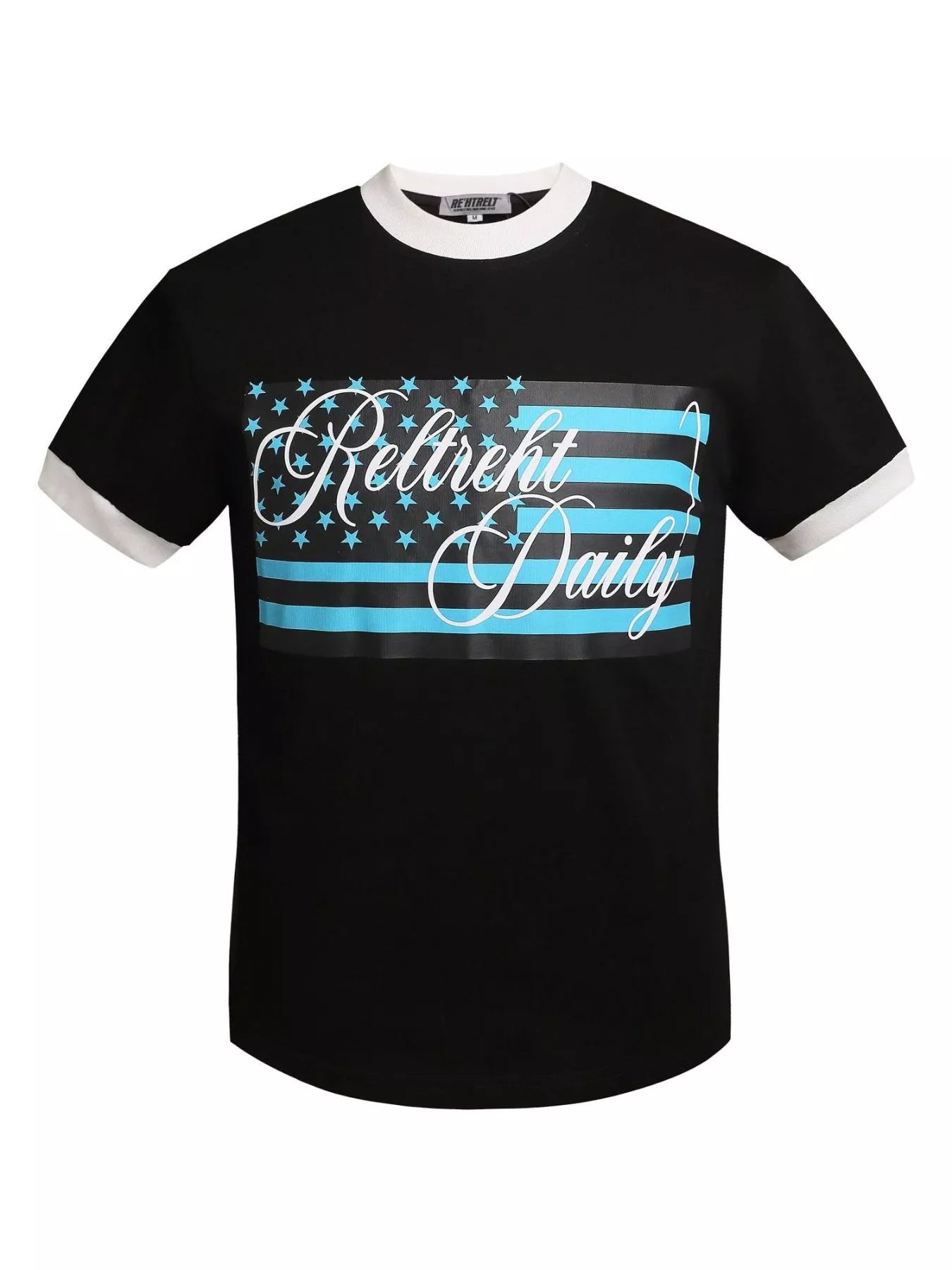 Men's round-neck graphic T-shirt with a US flag design in a cotton-spandex blend.