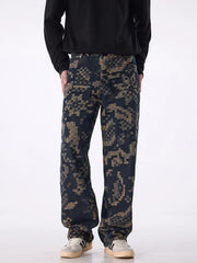 Men's printed wide leg cargo pants with pockets.