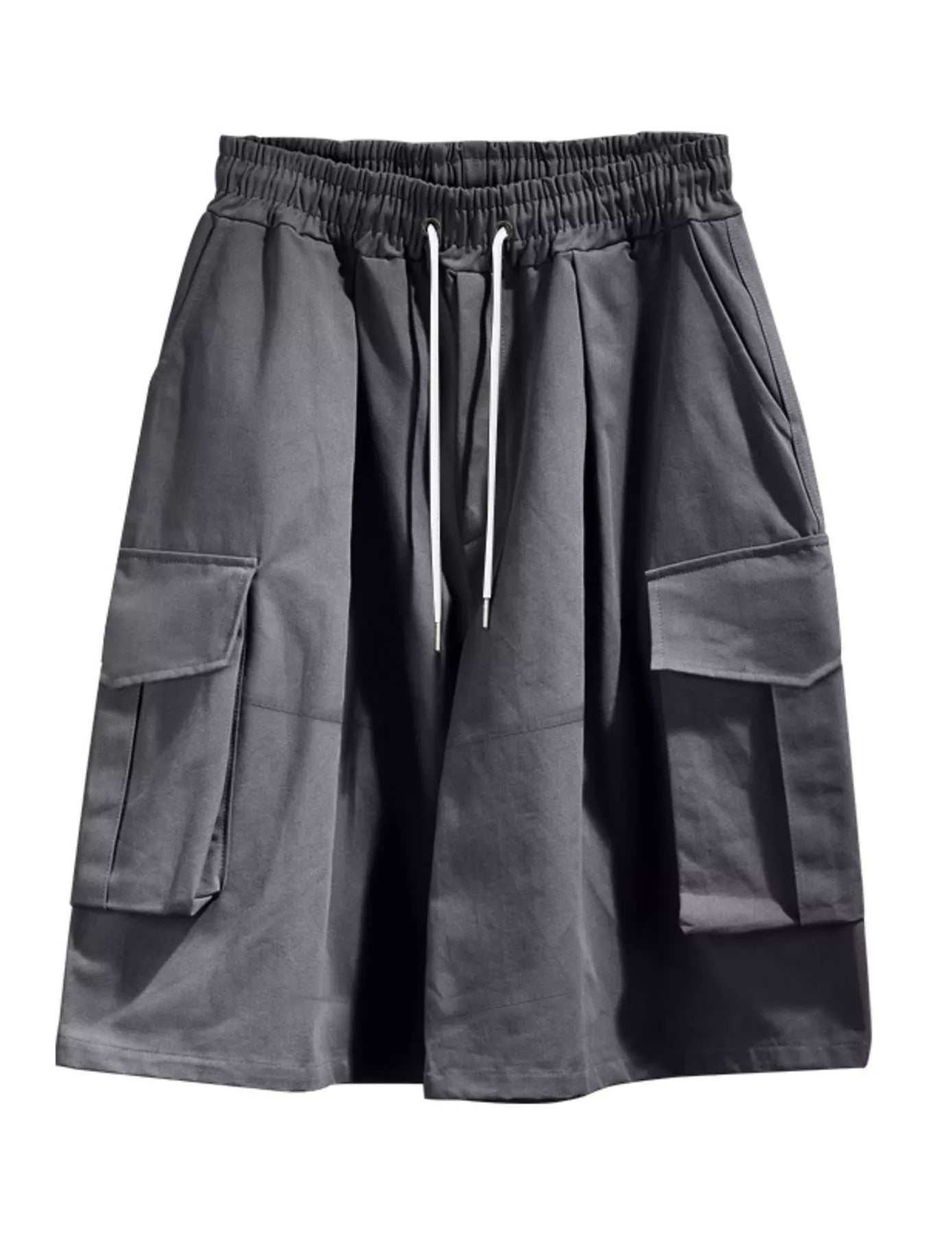 Men's dark gray cargo shorts with a drawstring waist and pockets.