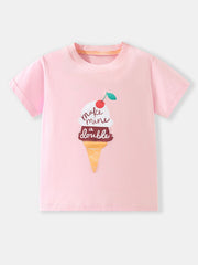 Front flat view of the blush pink children's t-shirt with an ice cream cone graphic