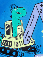 Close-up of the green dinosaur in the cab of the yellow excavator print