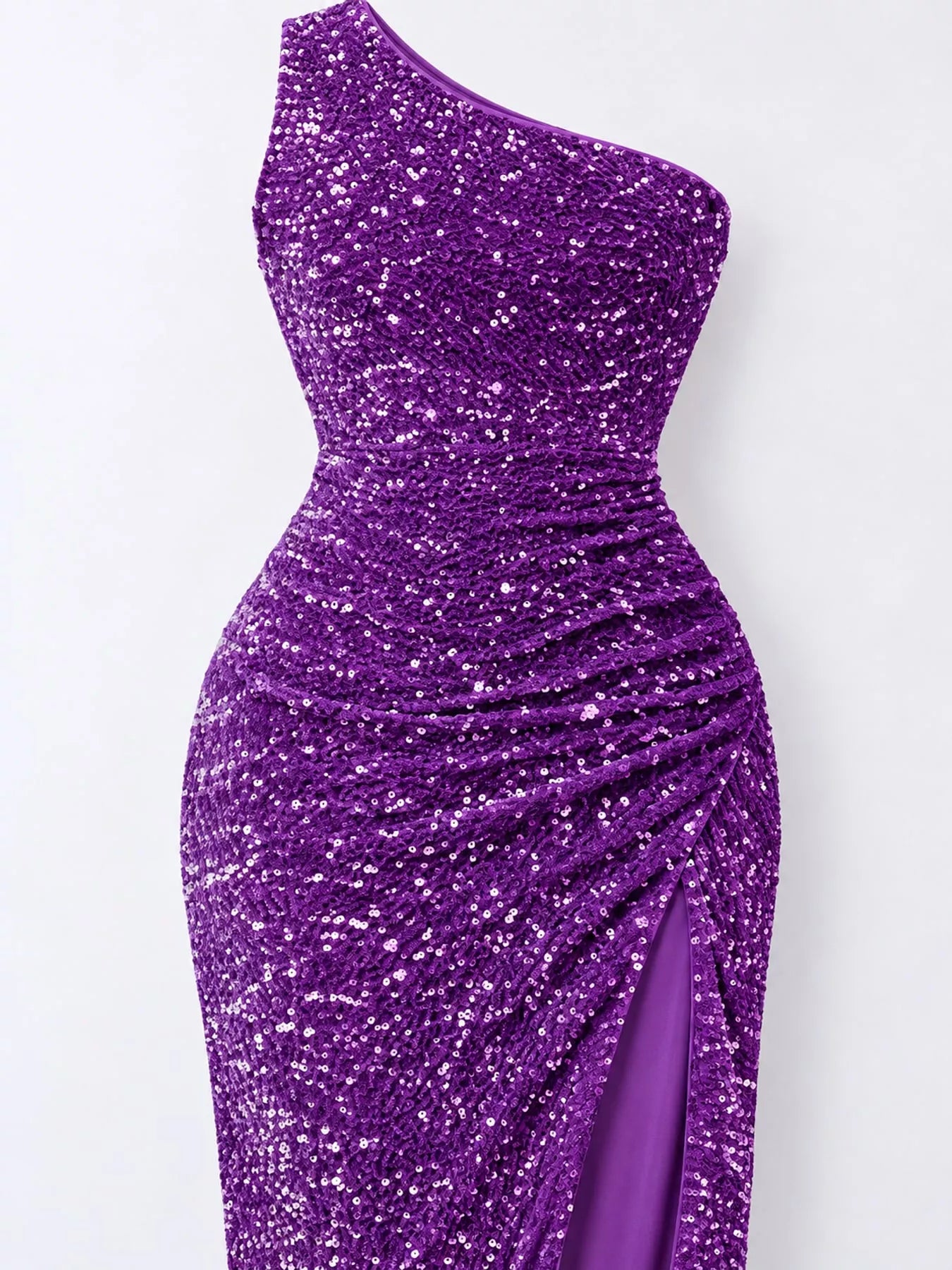 Purple sequin one shoulder evening dress close view showing the ruched waist and high slit