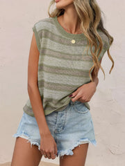 On-model side front view of a sage green striped sleeveless knit top with denim shorts
