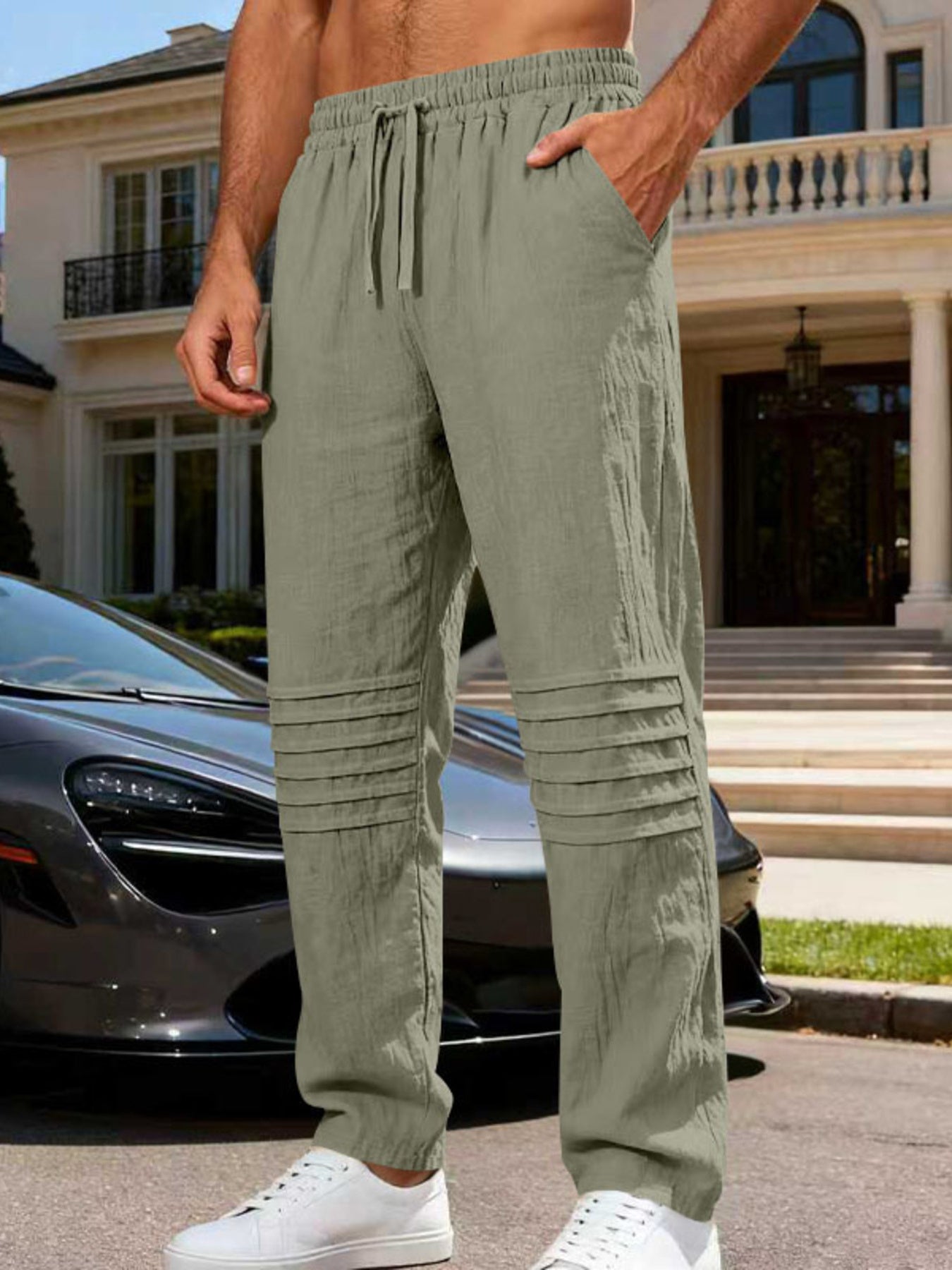 Men's casual drawstring pants with pockets.