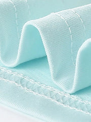 Close-up of mint blue children's t-shirt folded hem stitching and knit fabric detail