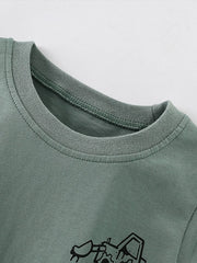 Close-up of the sage children's shirt neckline showing ribbed trim and neat stitching